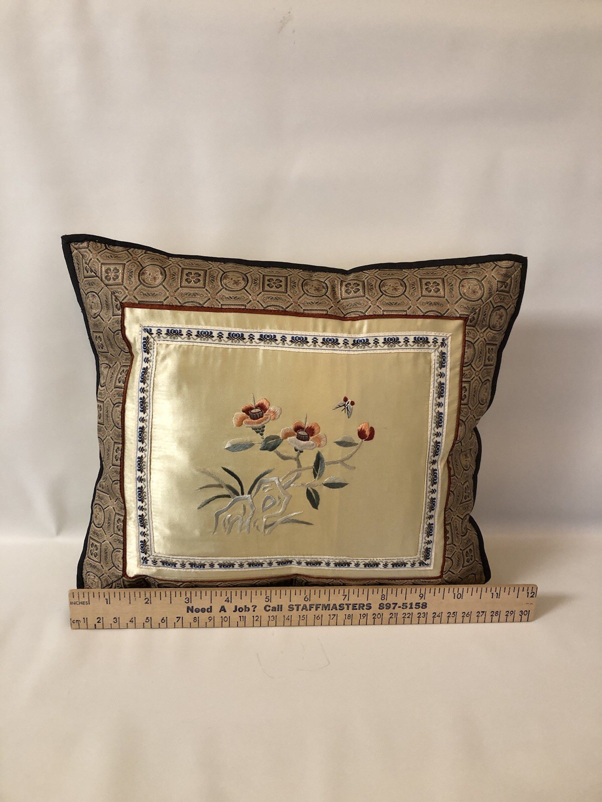 Vtg PEKING CHINESE HAND EMBROIDERED SILK FLORAL PILLOW 11”x9.5” Yellow