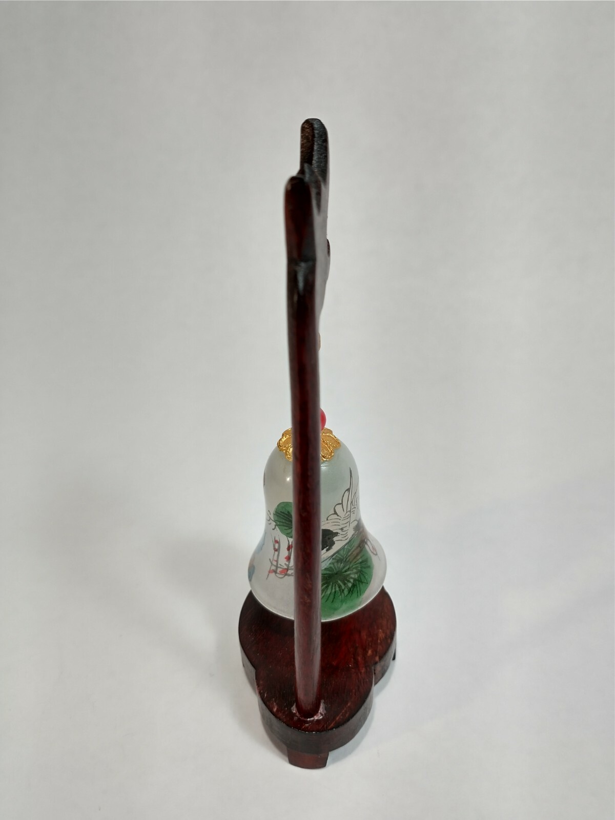 Chinese Asia Reverse Painted Glass Bell w/ Wood Dragon Stand Crane Birds Design