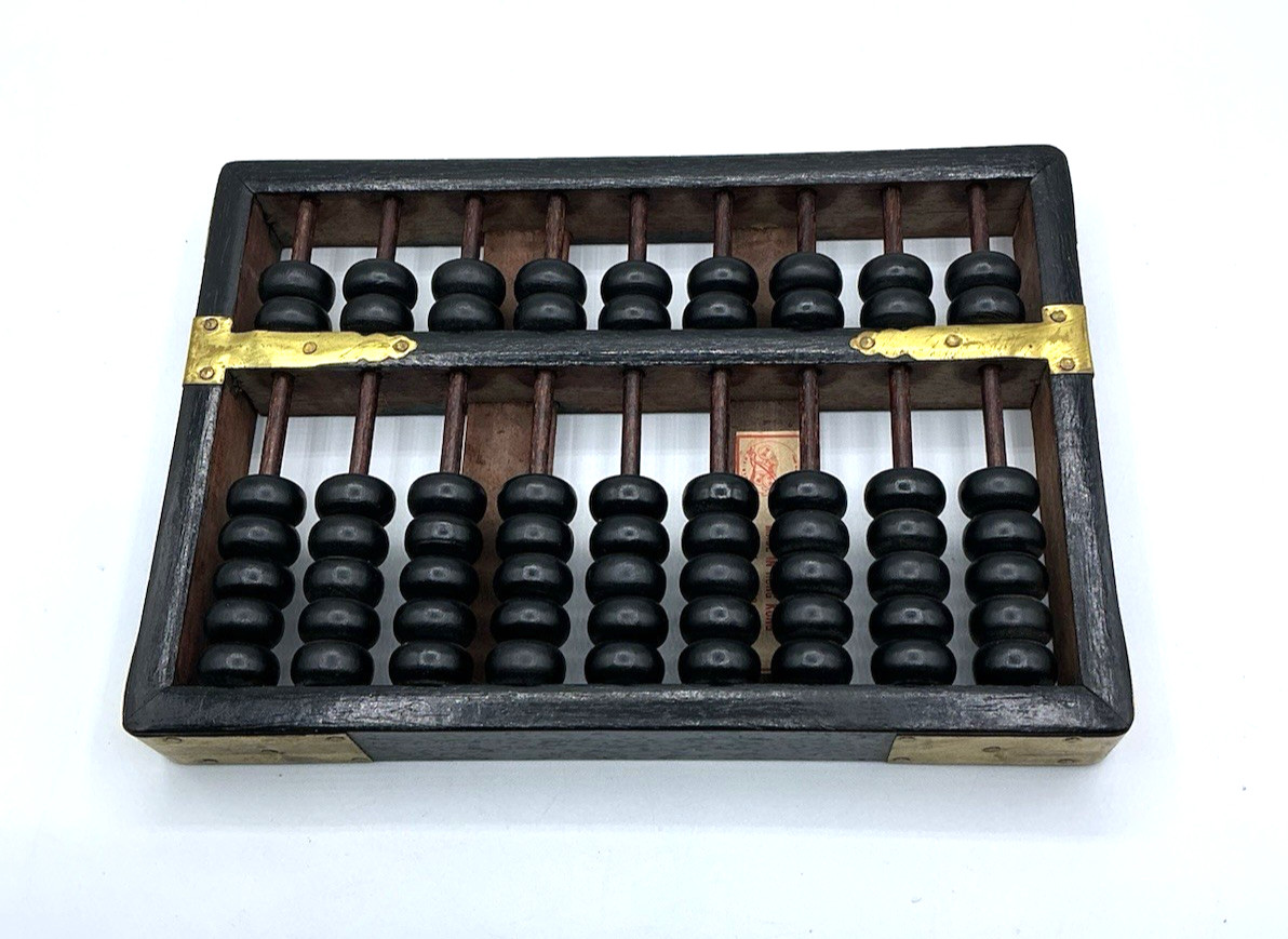 Vintage Wood Wang Hing Abacus Black w/ Brass Accents Hong Kong 9 Rods 63 Beads