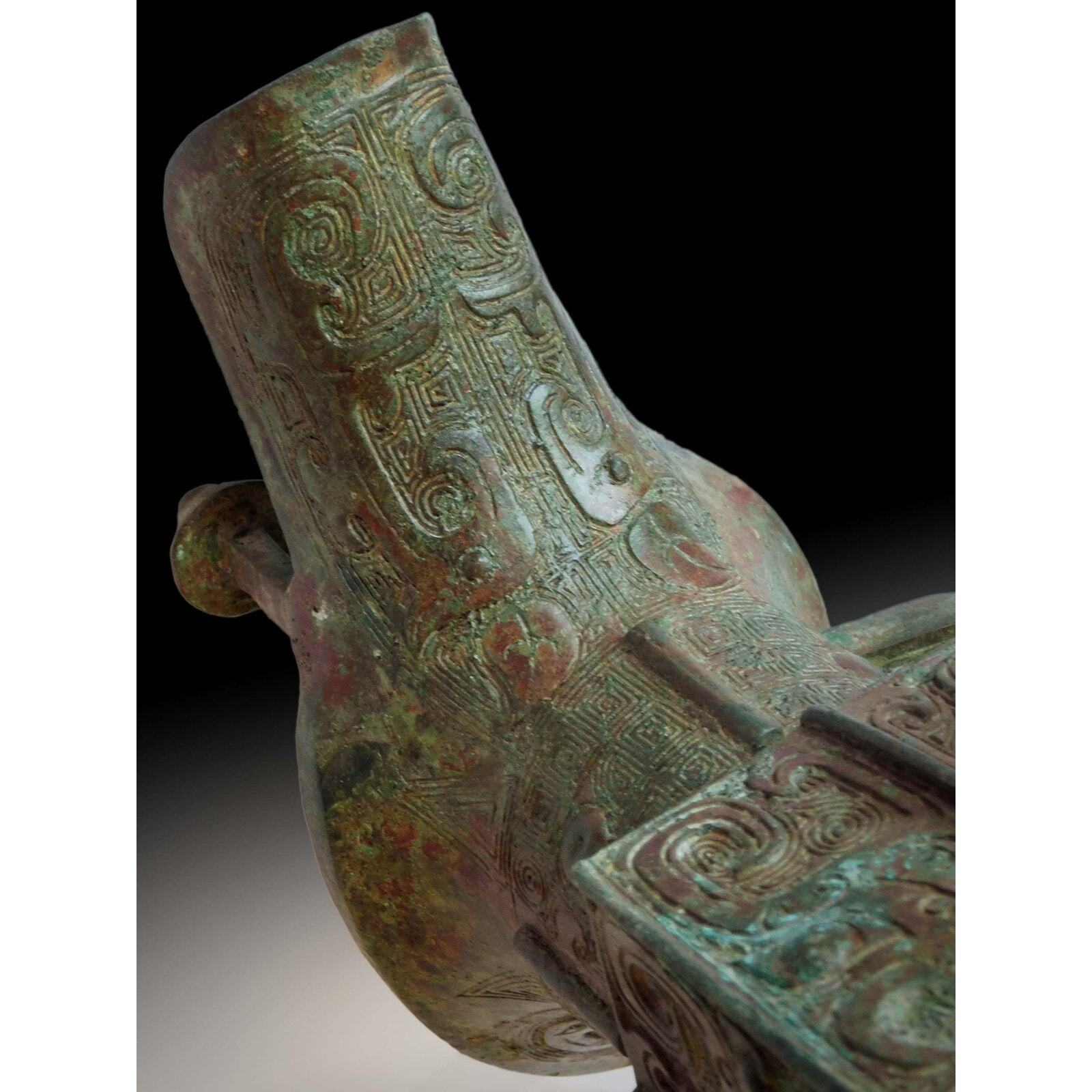 Vintage Chinese Shang Dynasty Style Museum Libation Bronze Jue Vessel 12”H 饕餮銅方爵