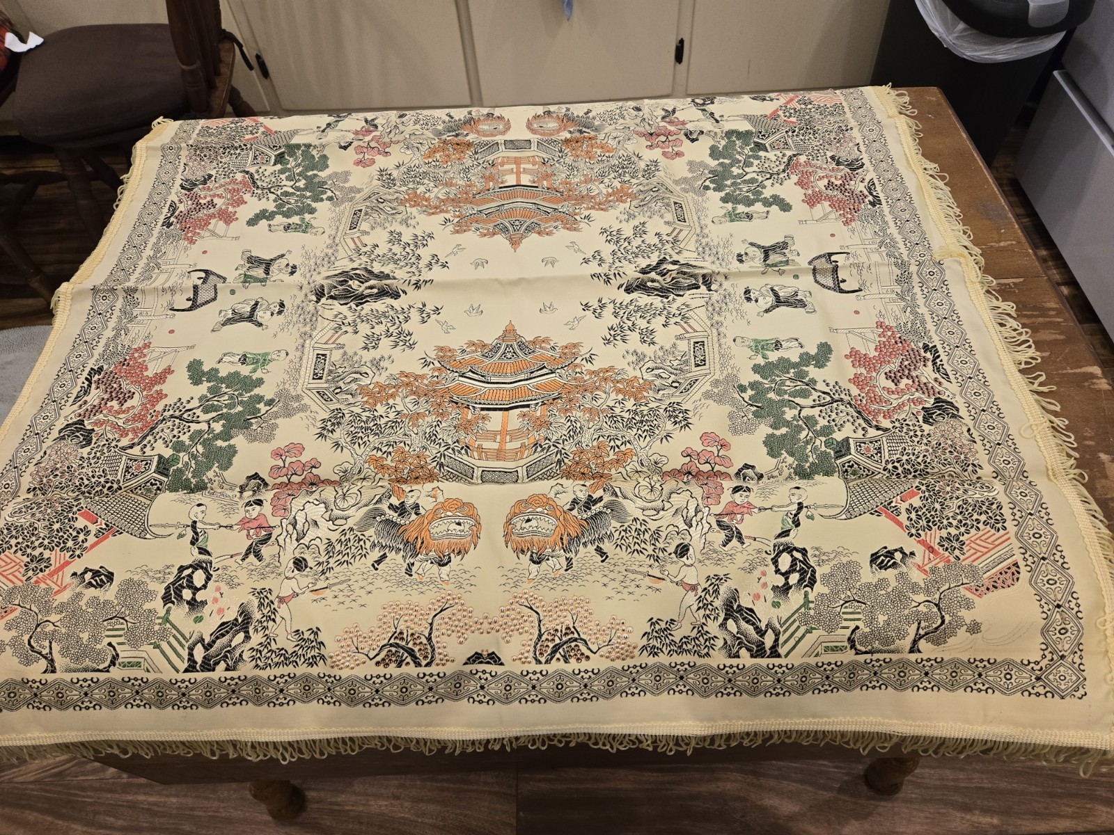 VTG NOS Brocaded Chinese Silk Tapestry Tablecloth 38″ x 38″ Late 70’s-Early 80’s