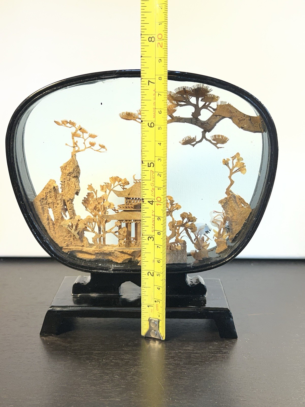 VTG Chinese Hand Carved Cork Diorama Shadow Box Asian Art Pagoda Cranes Trees