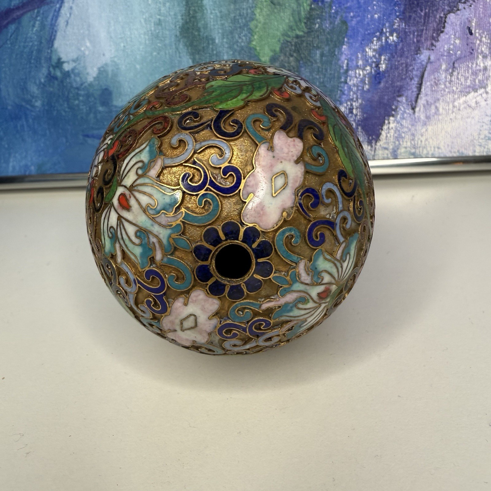 Chinese Cloisonné Metal Egg with Glass Display Stand Vintage Floral Enamel Lotus