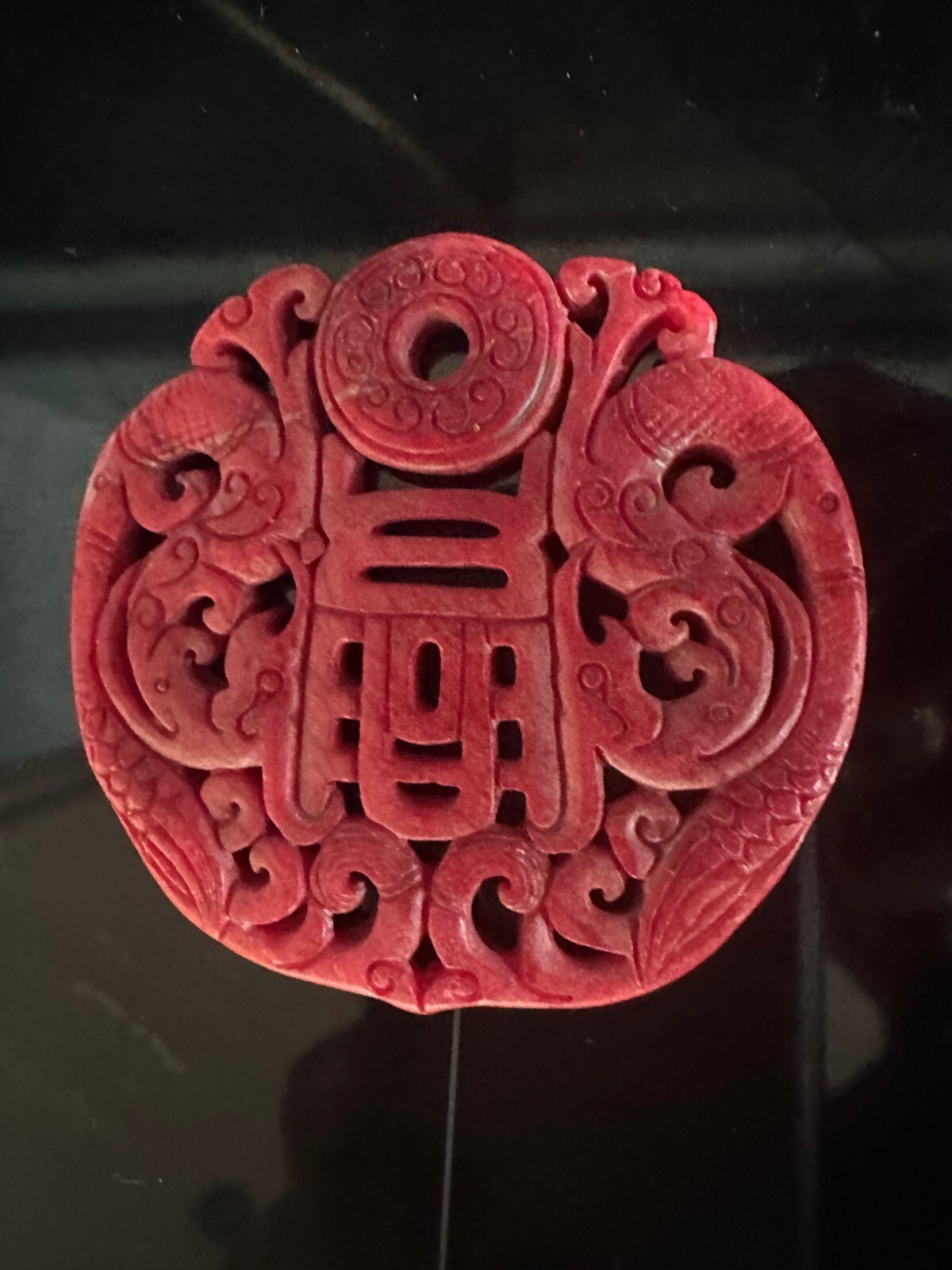 Chinese Red Cinnabar Crystalline Disk – Five Blessings Longevity Pendant