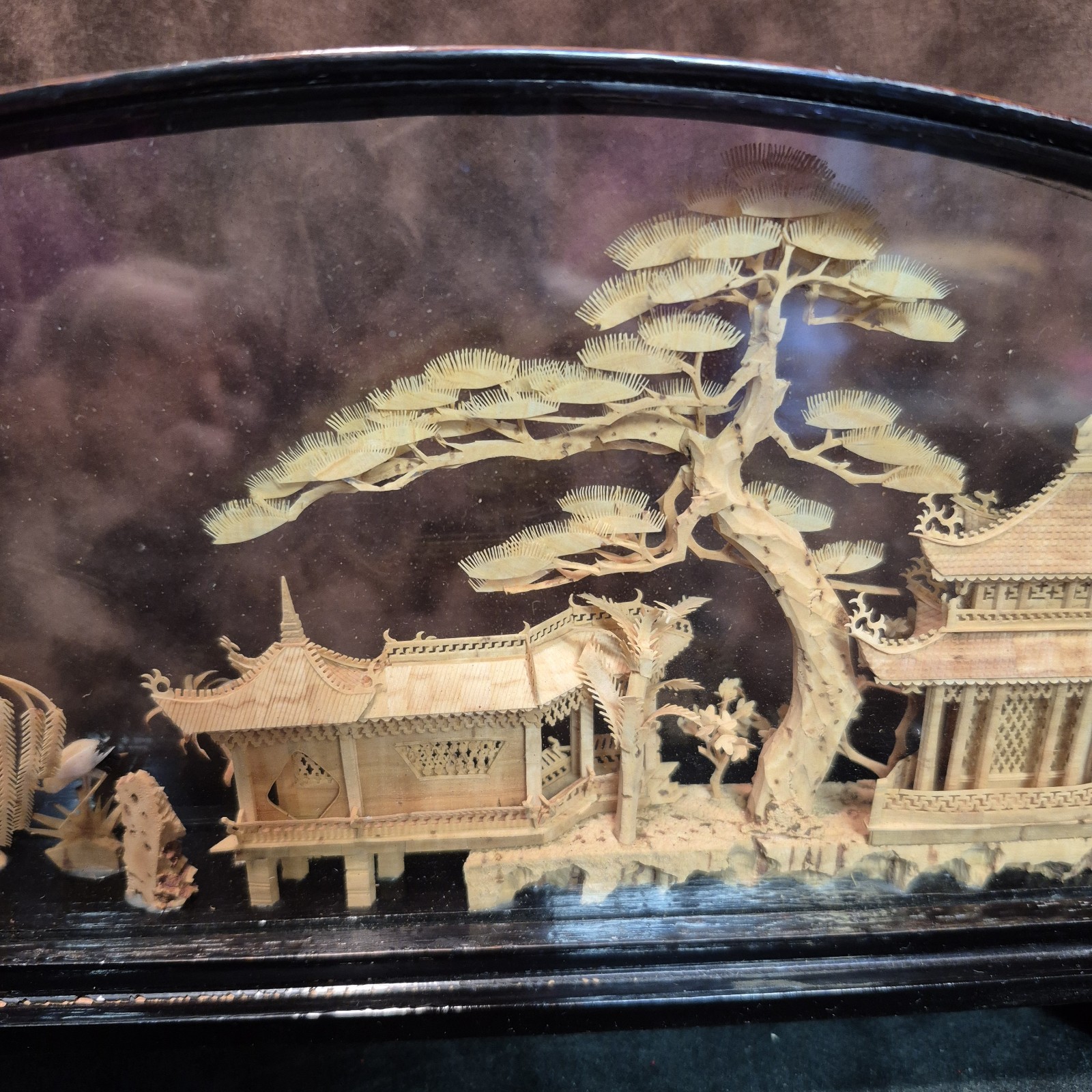 Vintage Chinese Cork Art Diorama Cranes Pagoda Trees Hand Carved in Glass Case