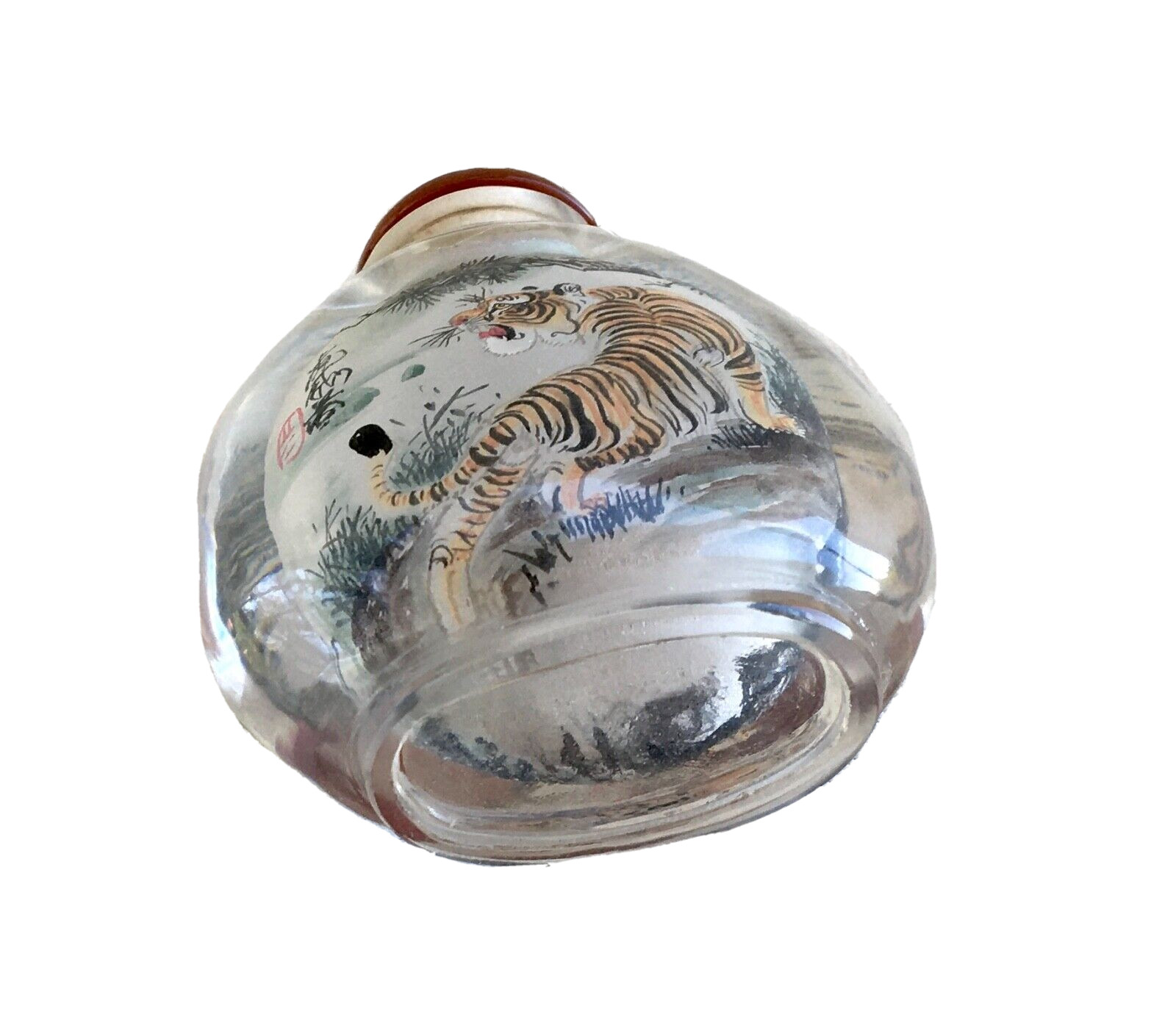 Vintage Original ‘Turning Tiger’ Hand Carved Crystal Snuff Bottle, 2-7/8″Tall