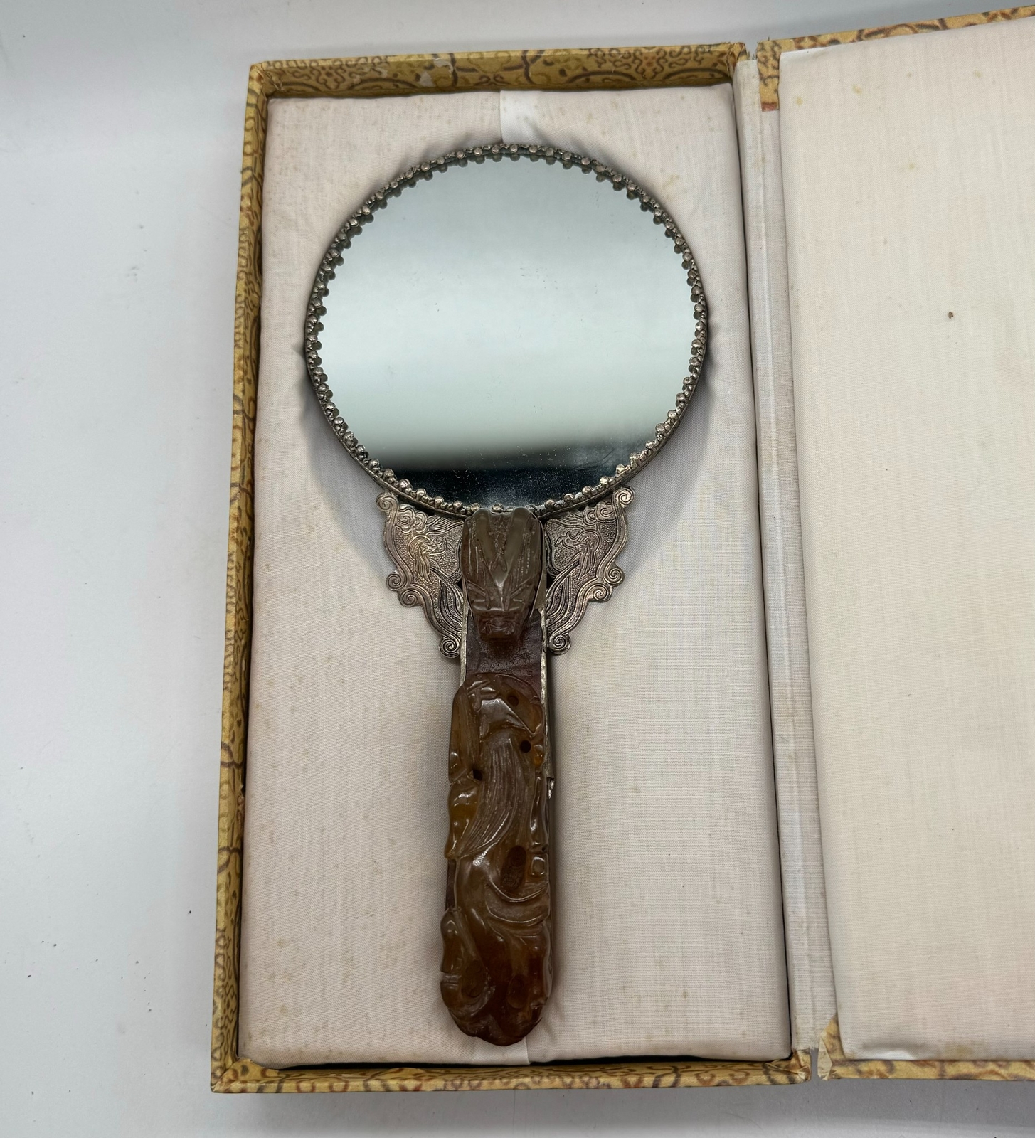Vintage Chinese Silver & Jade Repousse Dragon Mirror in Original Box