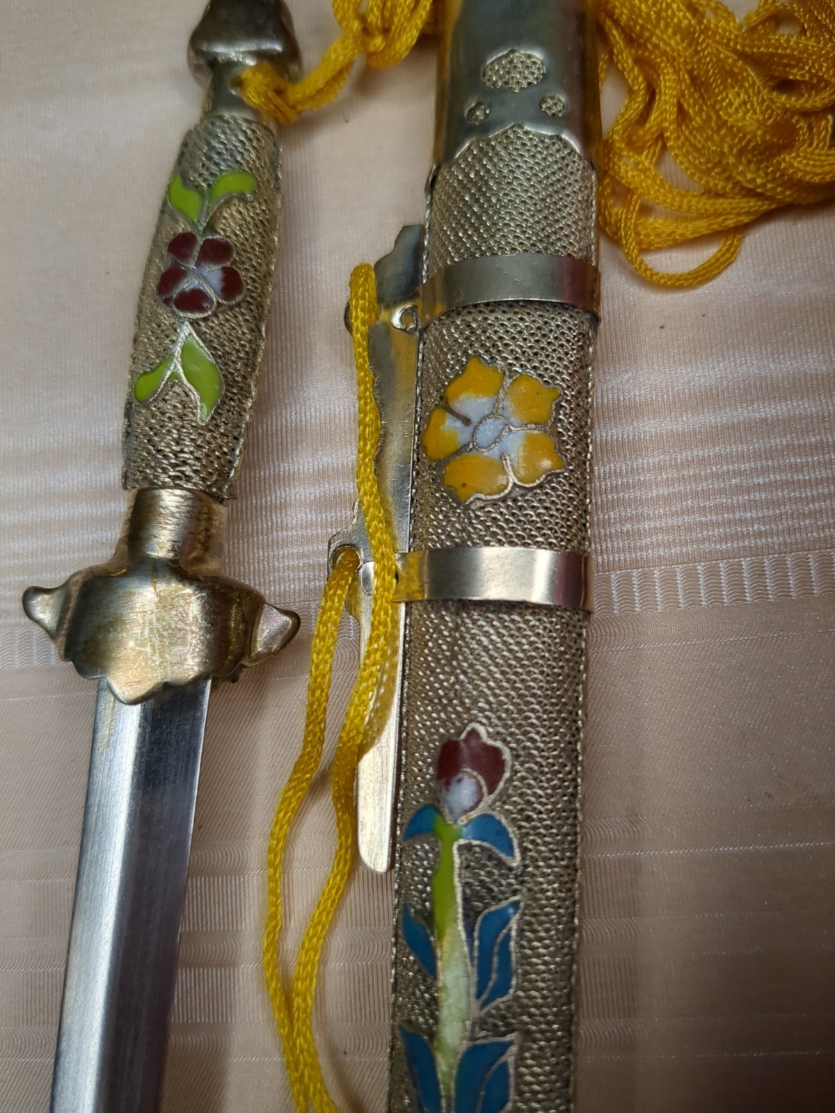 Vintage Chinese Cloisonne Letter Opener Dagger In Brocade Gift Box