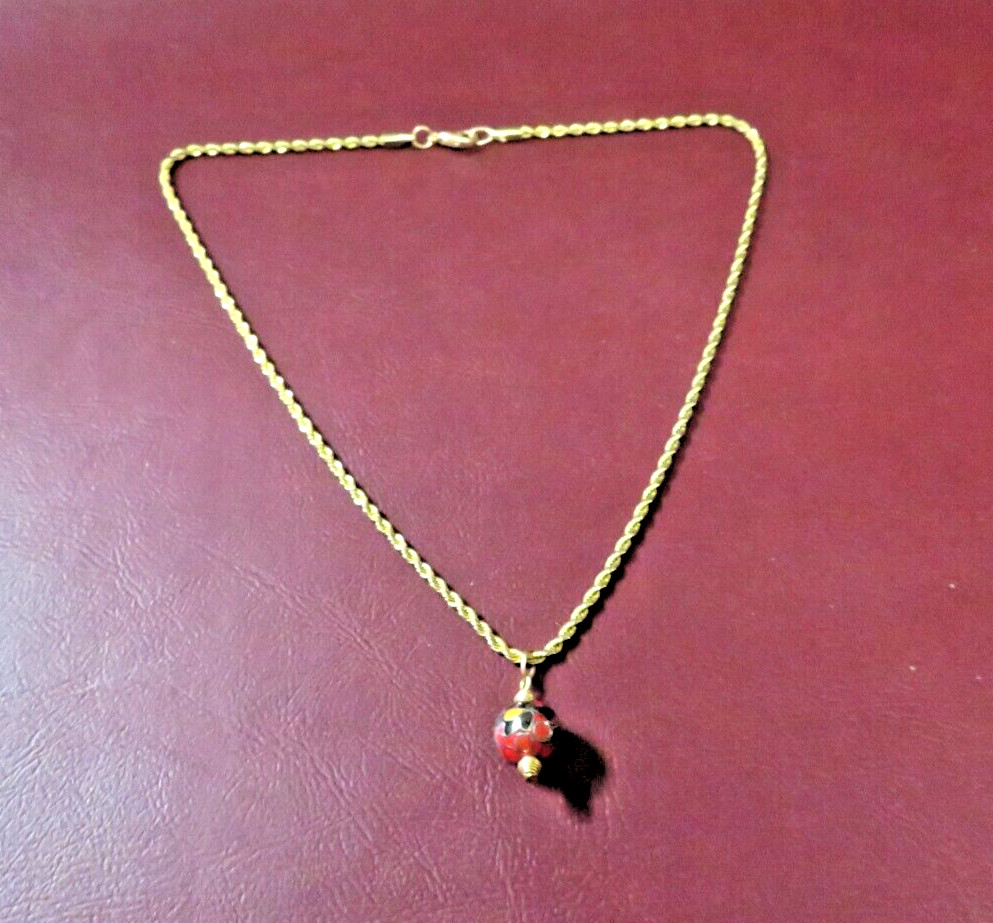 Vintage Asian Style Necklace w/ 17″ Braided Chain and Red Cloisonne Pendant