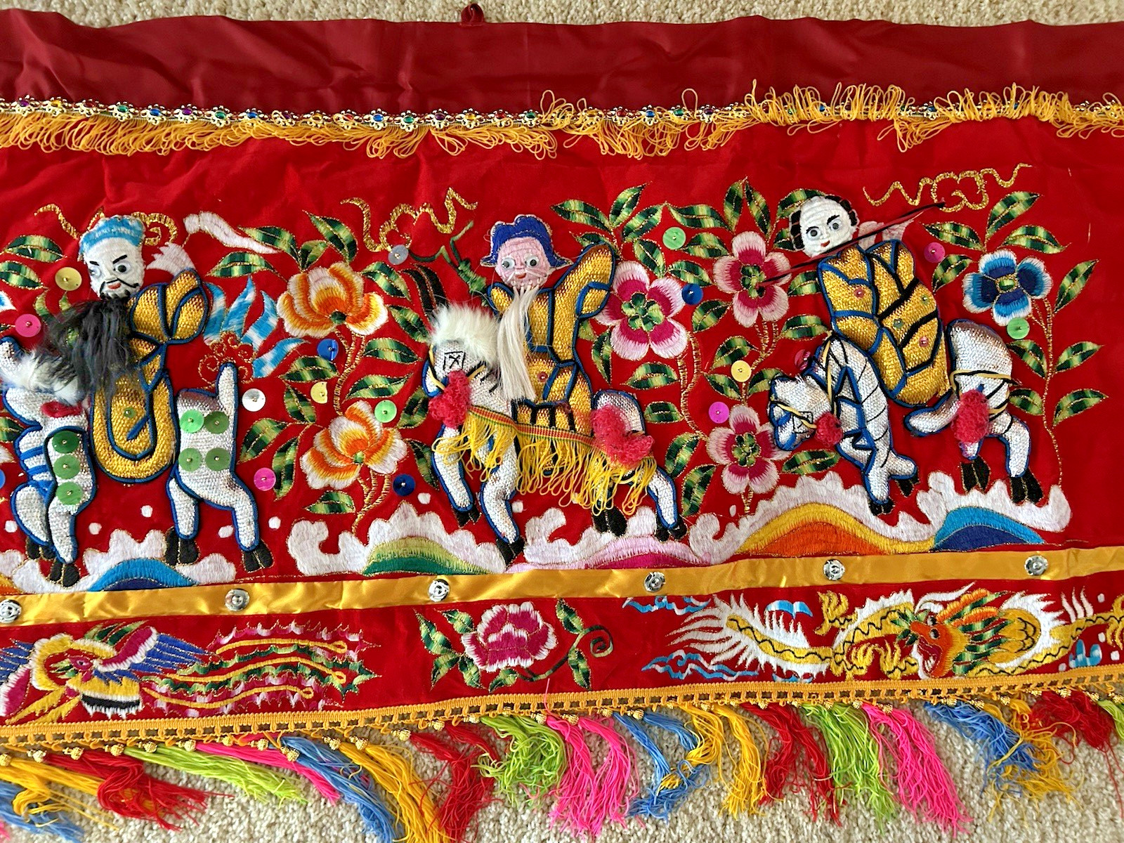 9′ LONG ASIAN WALL HANGING TAPESTRY chinese textile art BEARDS ON MEN rod Loops