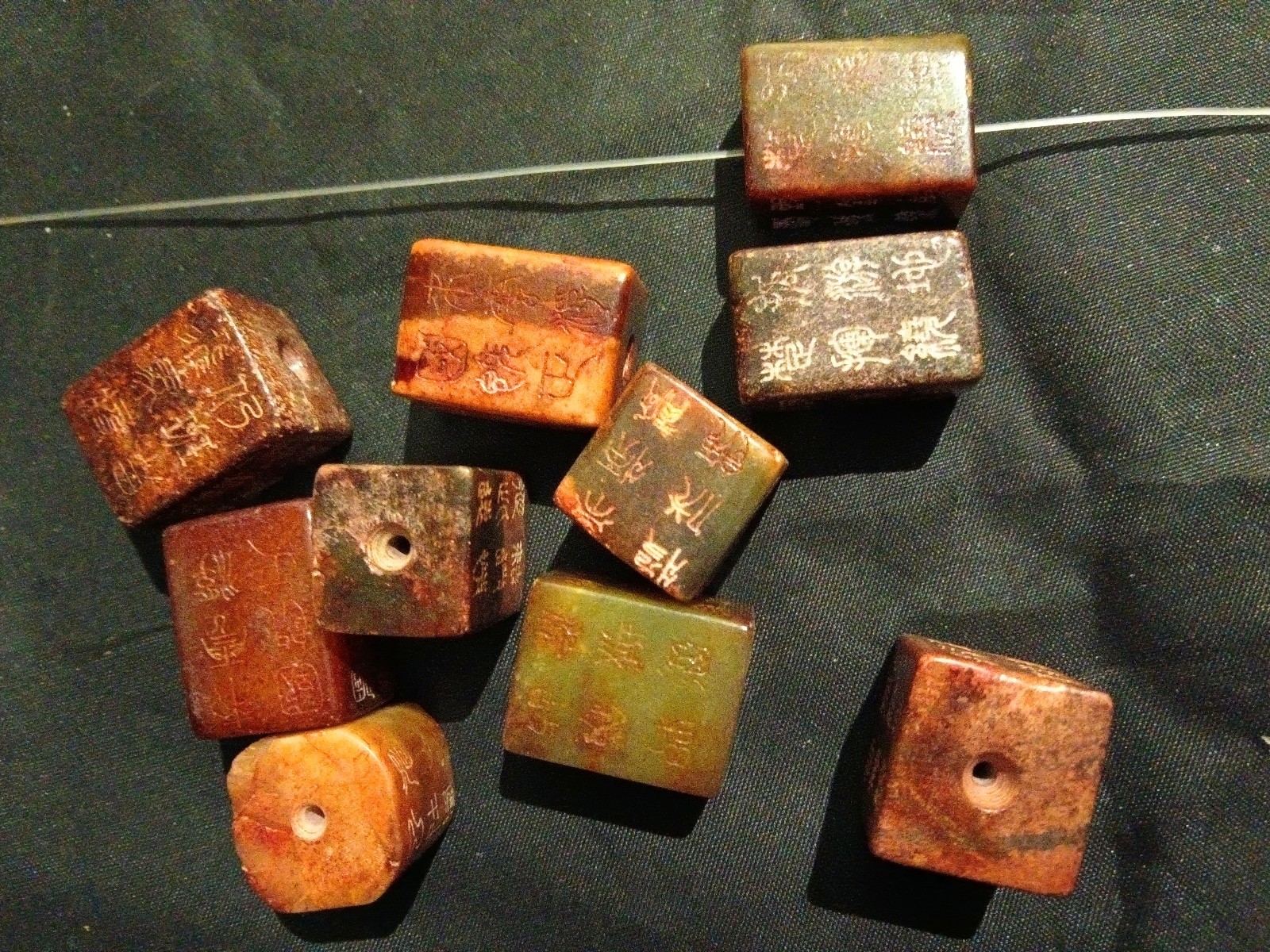10 Pcs Unusual Chinese Old Jade Hand Carved *Poem* Square Cong Beads