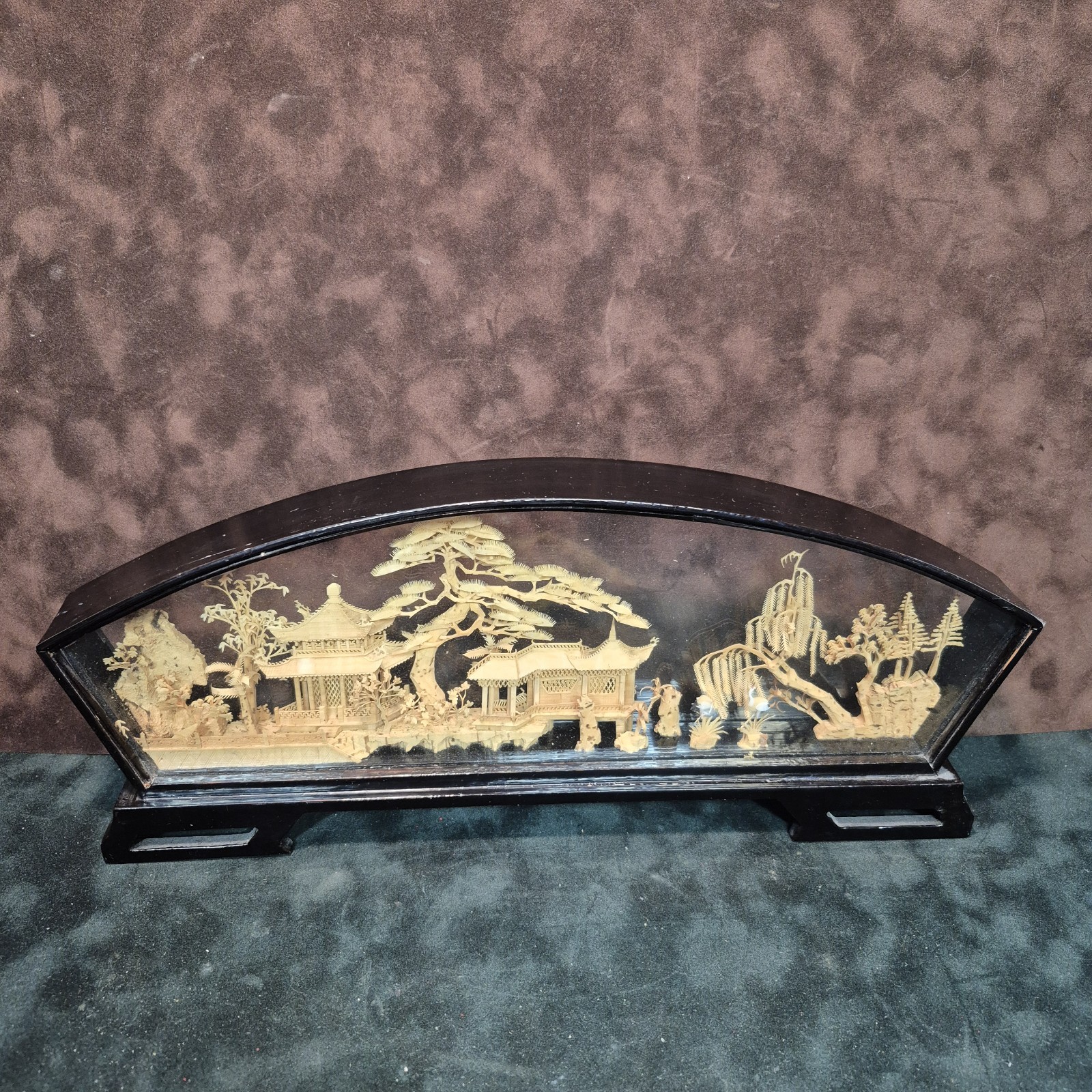 Vintage Chinese Cork Art Diorama Cranes Pagoda Trees Hand Carved in Glass Case