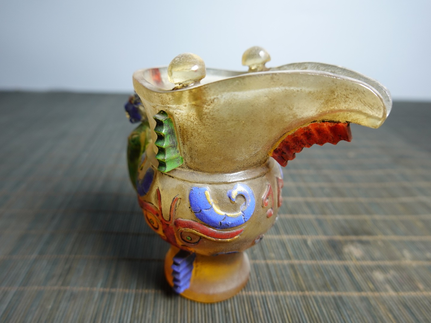 3.9″ Collect Old China Coloured Glaze Painted Beast Mask Taotie Design Jue Cup