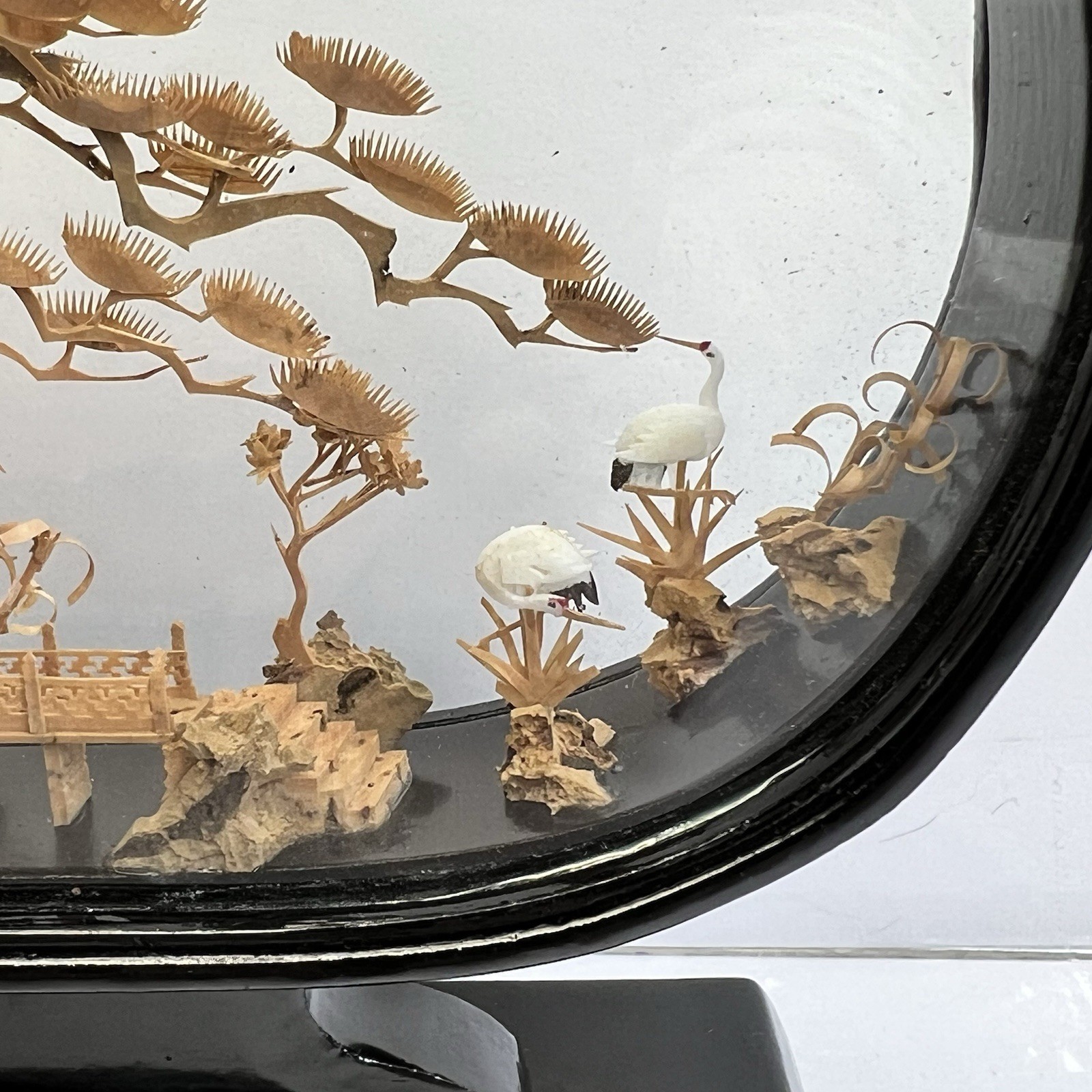Vtg San Diorama Cork HandCarved W/ Pagoda Trees & Cranes In Glass Case 6X7”
