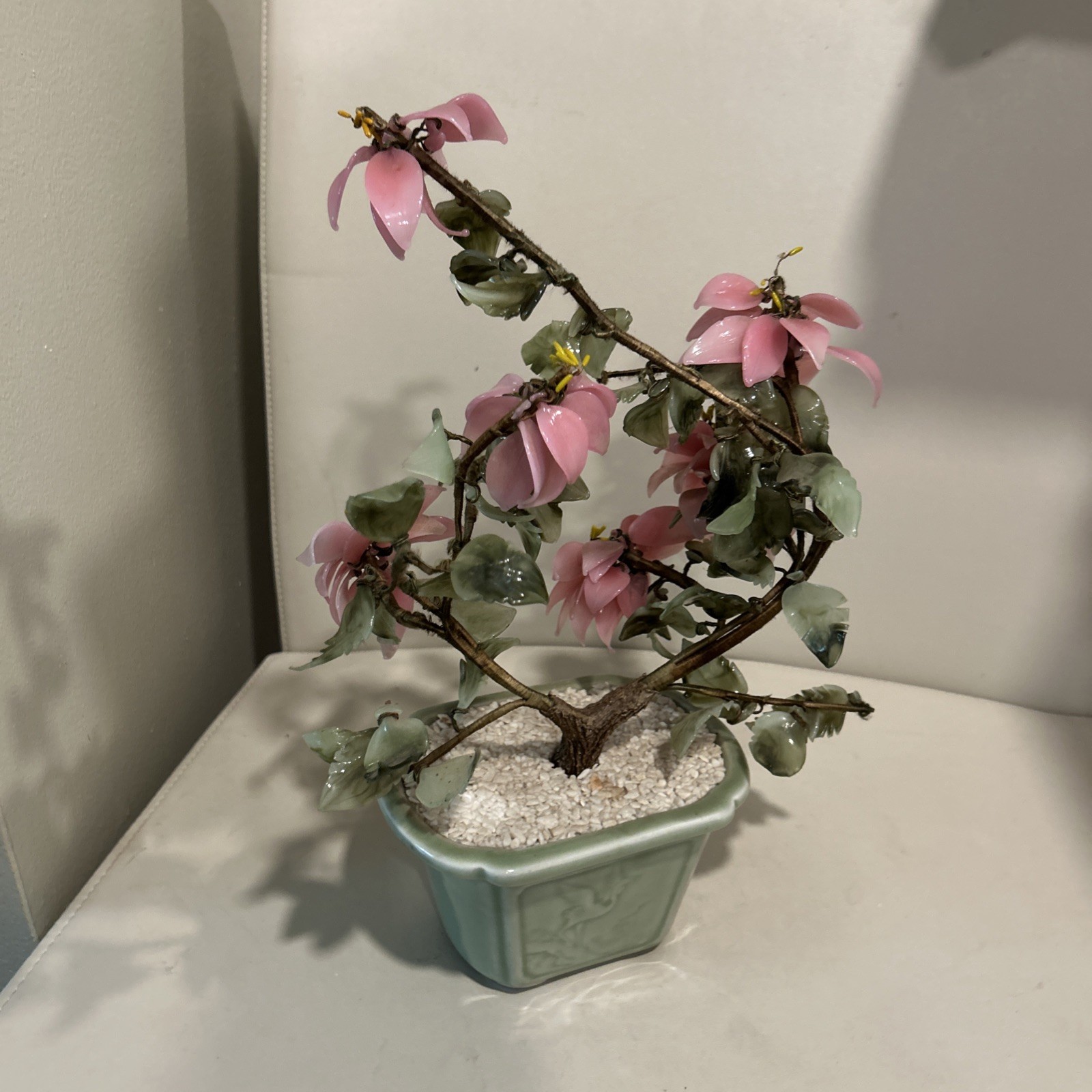 Vintage Large Asian Jade Glass Flowering Pink Cherry Blossom Bonsai Tree Decor