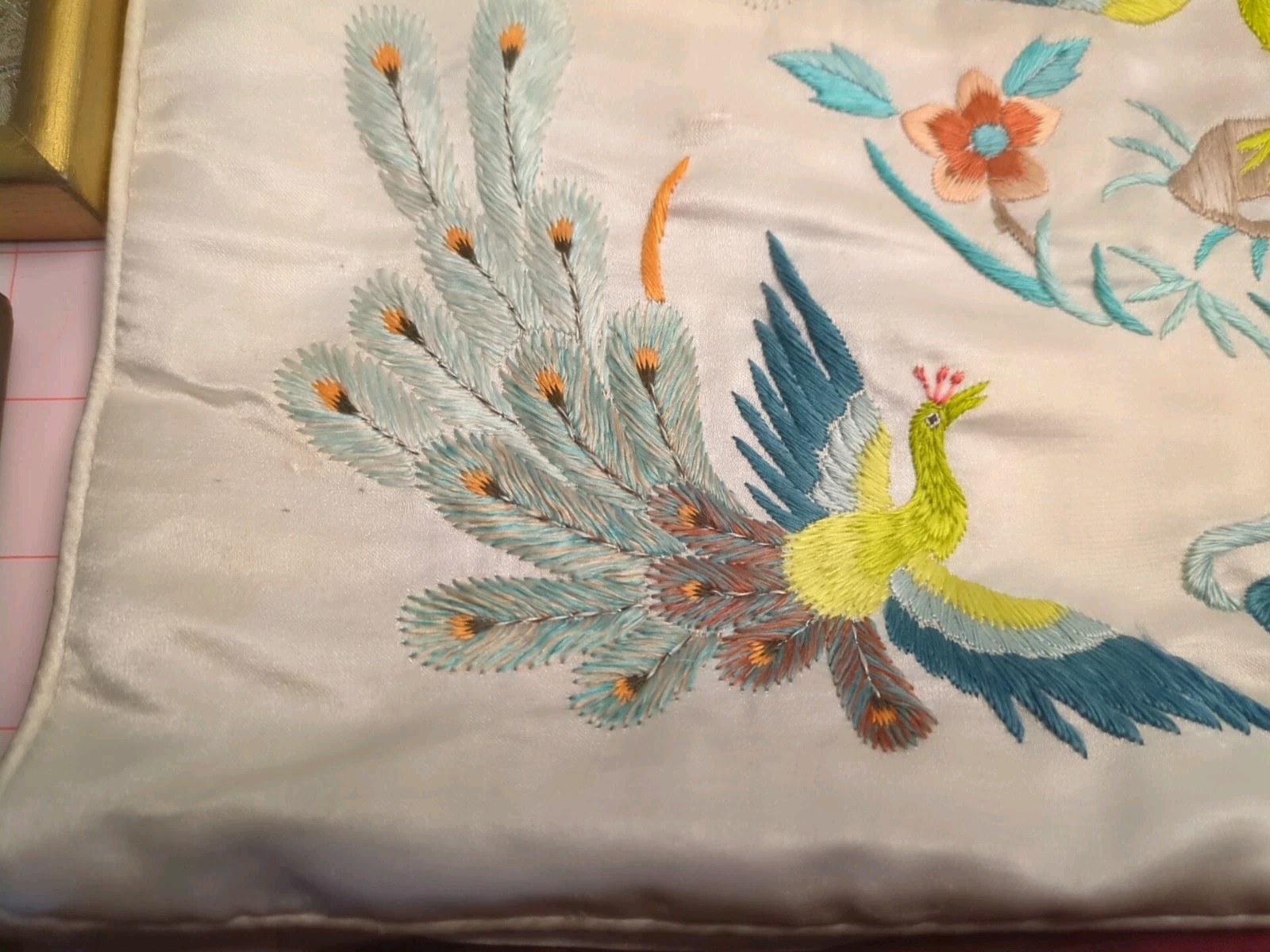 Antique Tray, Silk & Gold Thread Dragon, Framed Silk Panel