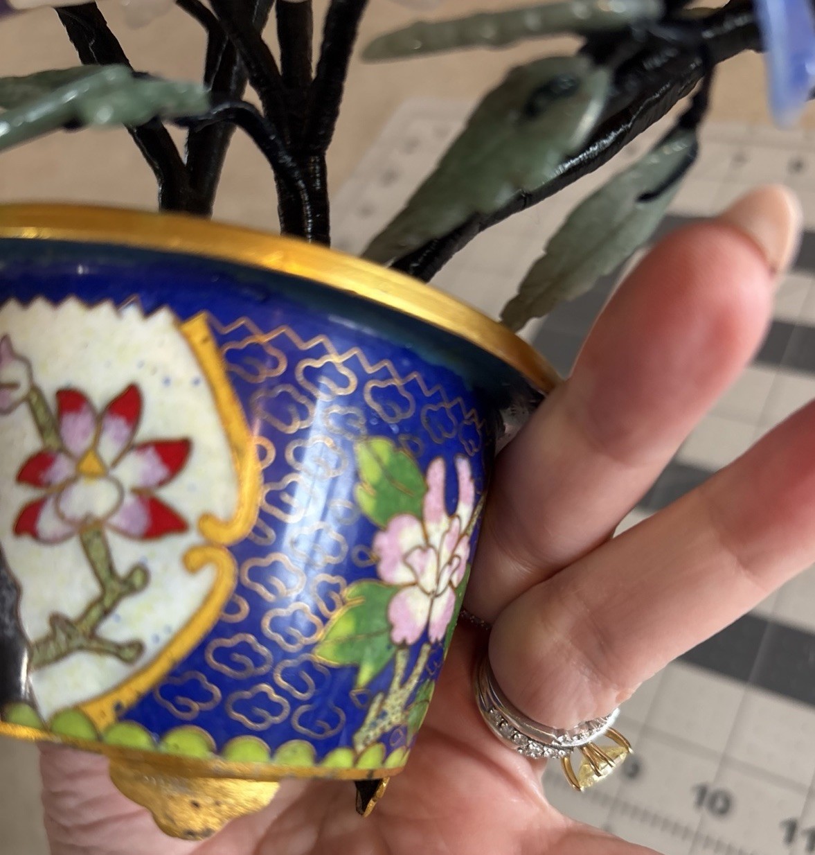 Chinese Jade , Quartz,Bonsai Tree in Round Footed Cloisonne Flower Pot – 9″ Tall