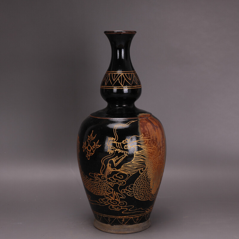 12.1″ Chinese Song Porcelain Jun Kiln Black Glaze Gild Animal Dragon Gourd Vase