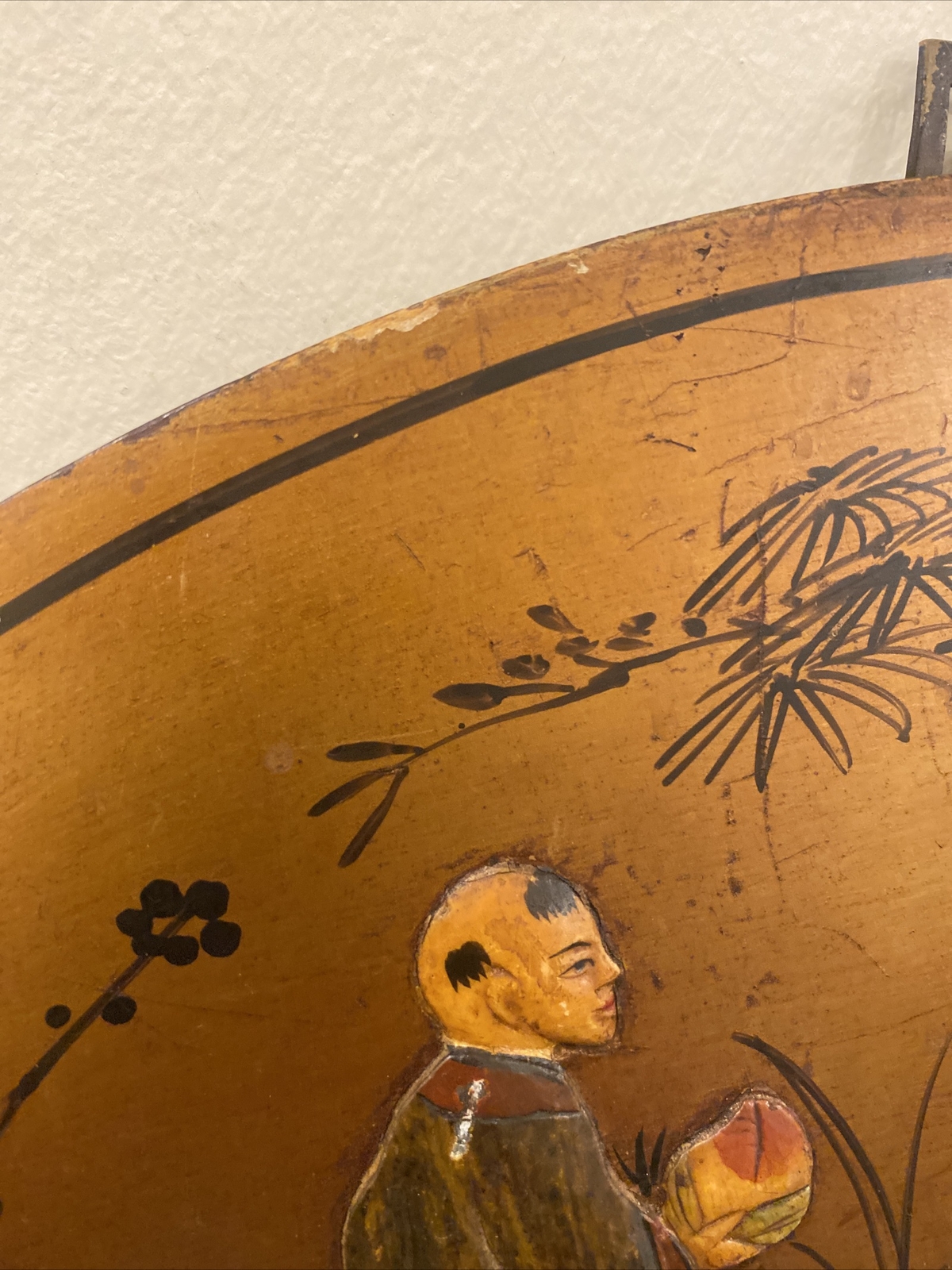 VTG Chinese Lacquered Wooden Painted & Carved Fan Wall Hanging Plaque 18” X 10”