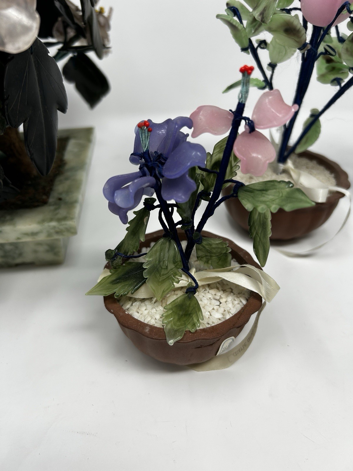 Vintage Chinese Jade Glass Bonsai Tree Lot of 7 Pink Quartz Flowers Pots⁠