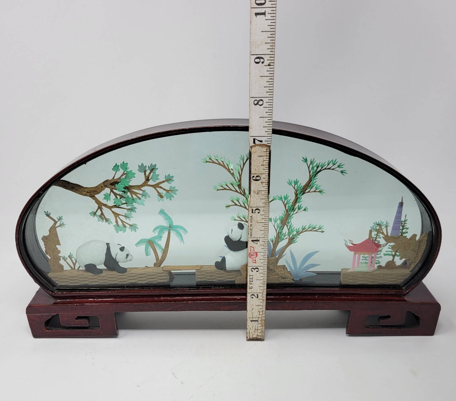Vintage Chinese SAN YOU Diorama Art Pagoda With Trees & Pandas 1980s 14″ By 7″