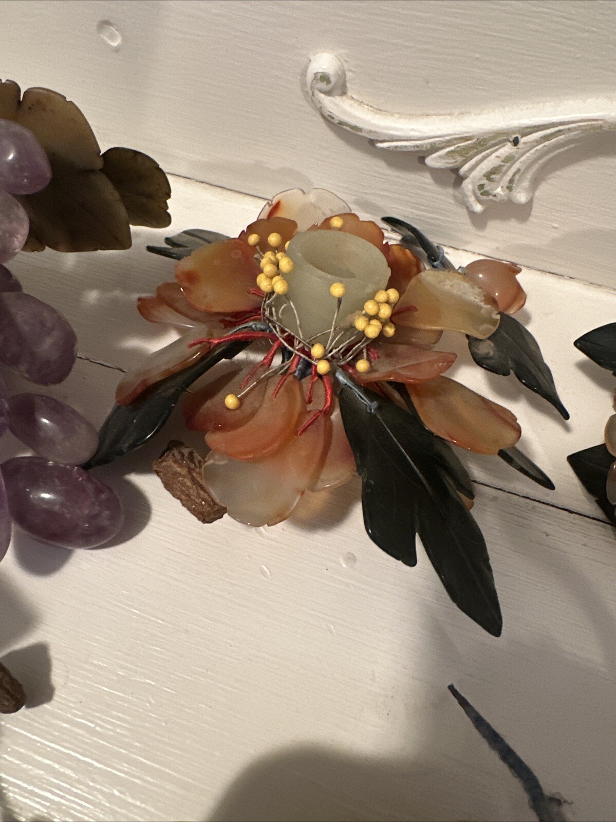Group Chinese Carved Jade, Agate, Rose Quartz Gemstone Flowers Fruits Vegetables