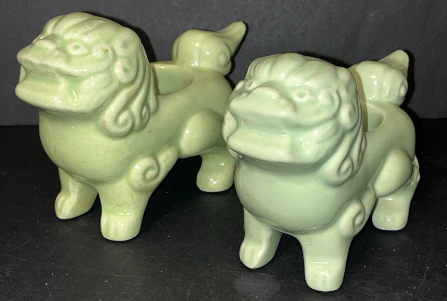 Pair MCM Oriental Foo Dog Tealight Candle Holders Khara Lions Vtg Green Asian