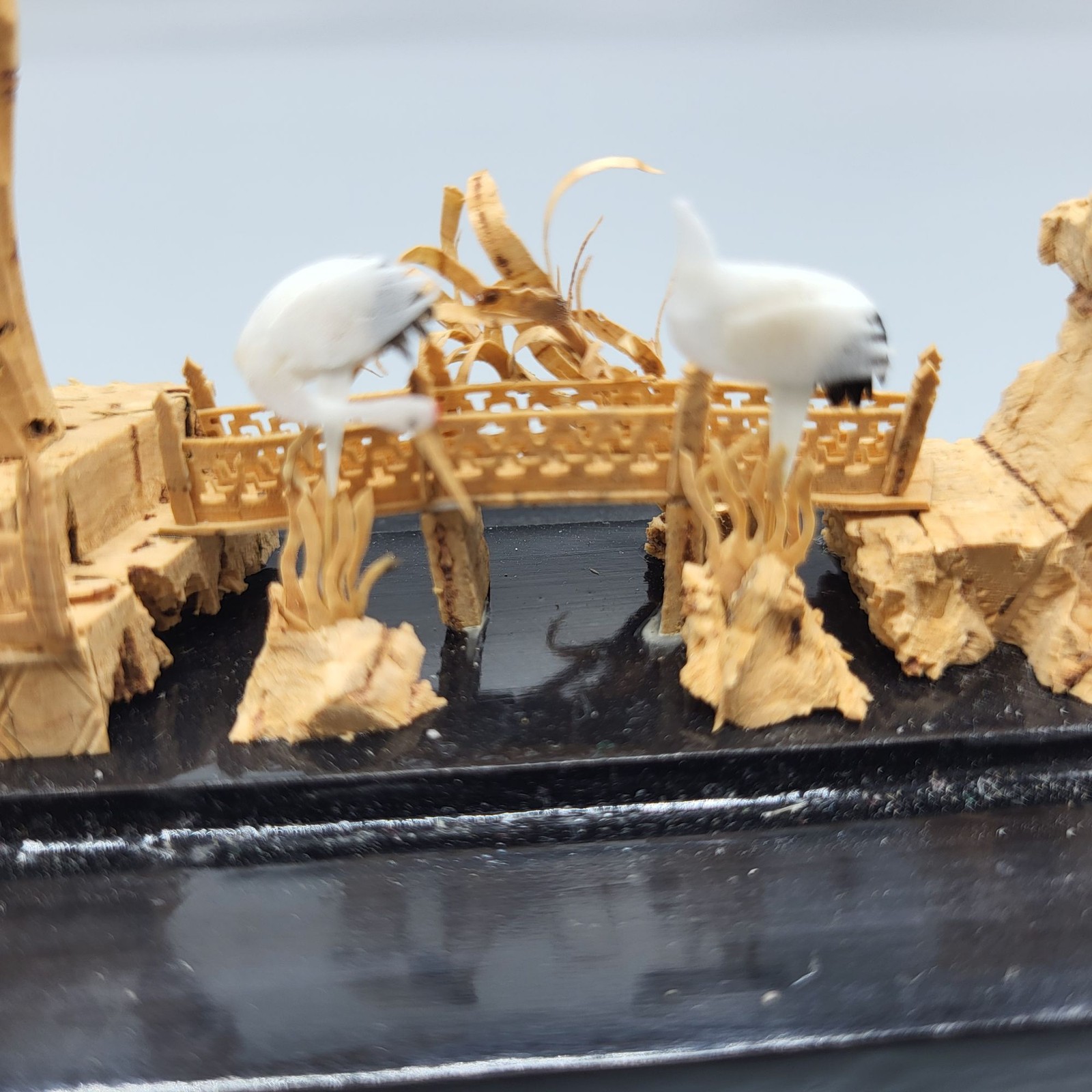 Vtg Chinese Hand Carved Cork Diorama Cranes Black Lacquer Art Stand 5″ x 7.75″