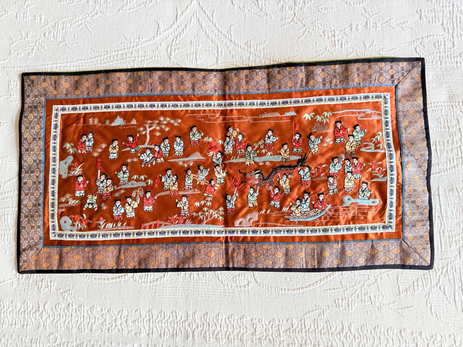 “100 Children Playing” Vintage Chinese Silk Embroidered Panel Decor Tapestry 百子圖