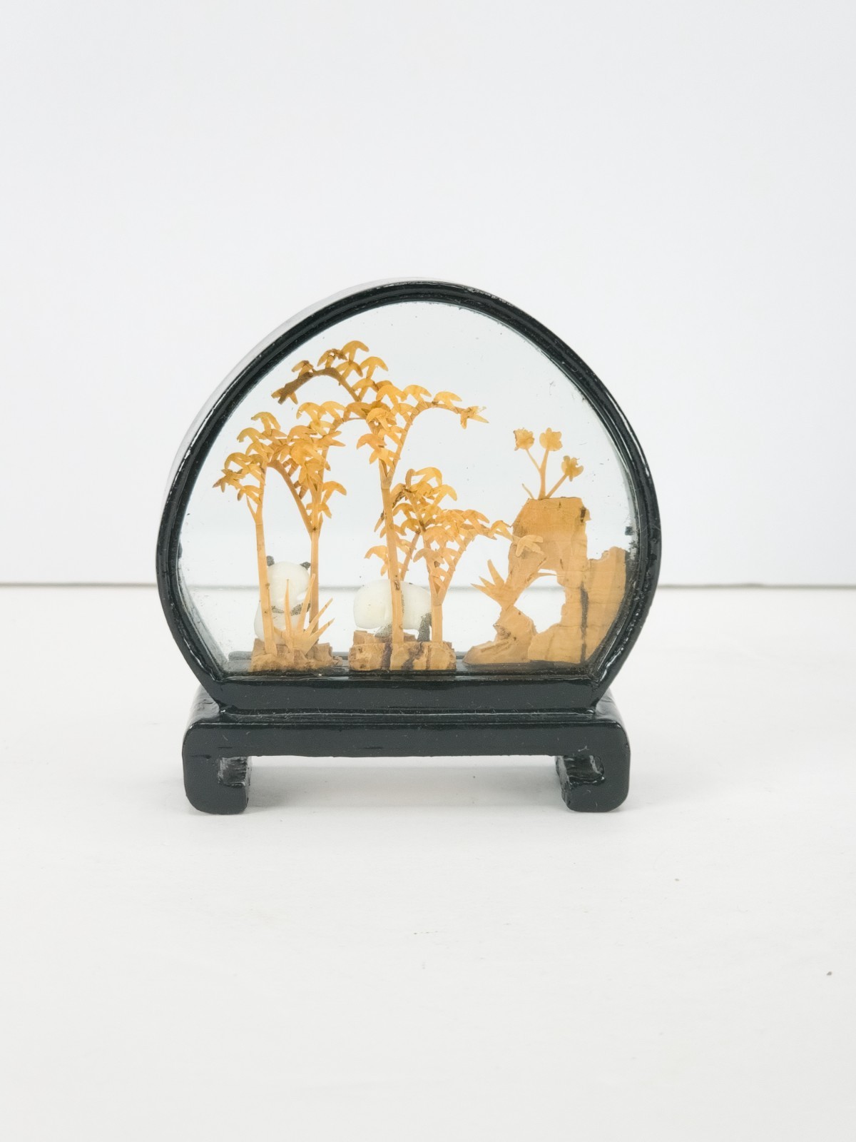 4 Vintage Chinese Cork Carving Dioramas Glass Case Pandas Birds Pagoda Art