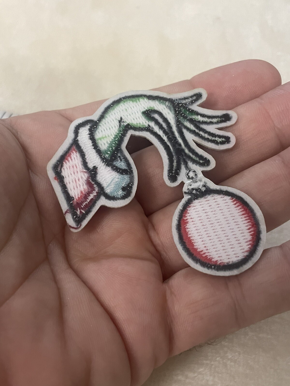 Christmas Grinch Hand Holding Red Ornament Iron On Patch Cute New