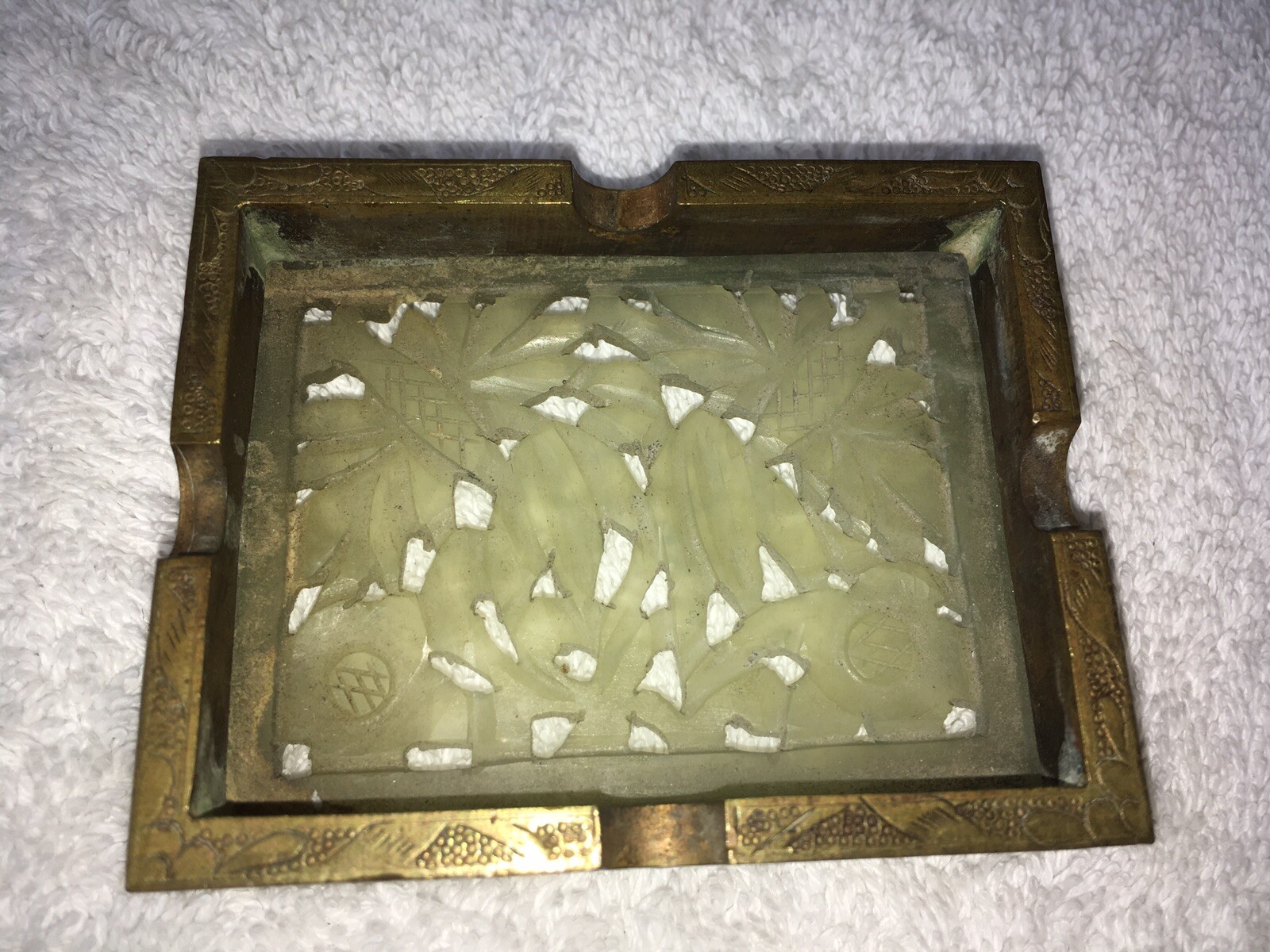 Vintage Chinese Carved Stone & Brass Ash Tray, 3” x 2-3/8” x 3/4” H