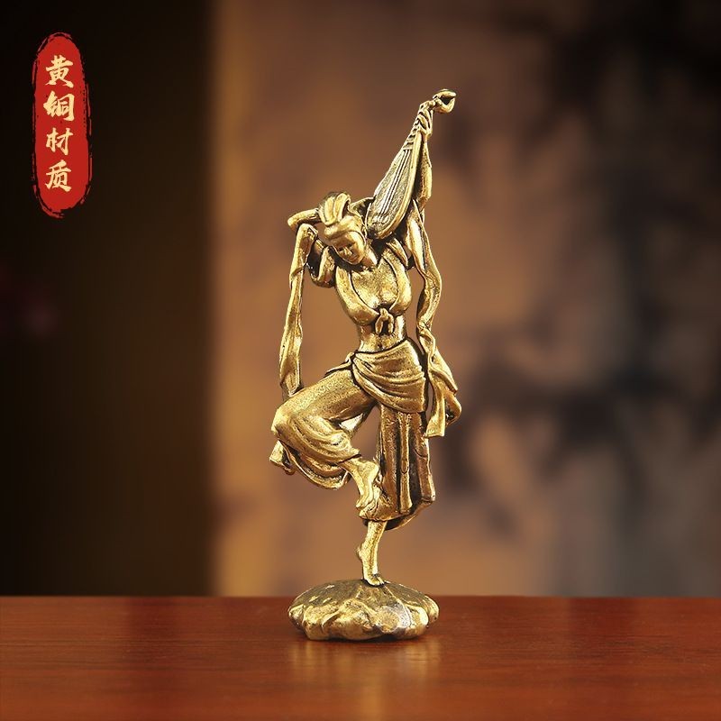 Brass Pipa Fairy Statue 9.7cm Flying Goddess Ornament Retro Copper Craft Gift