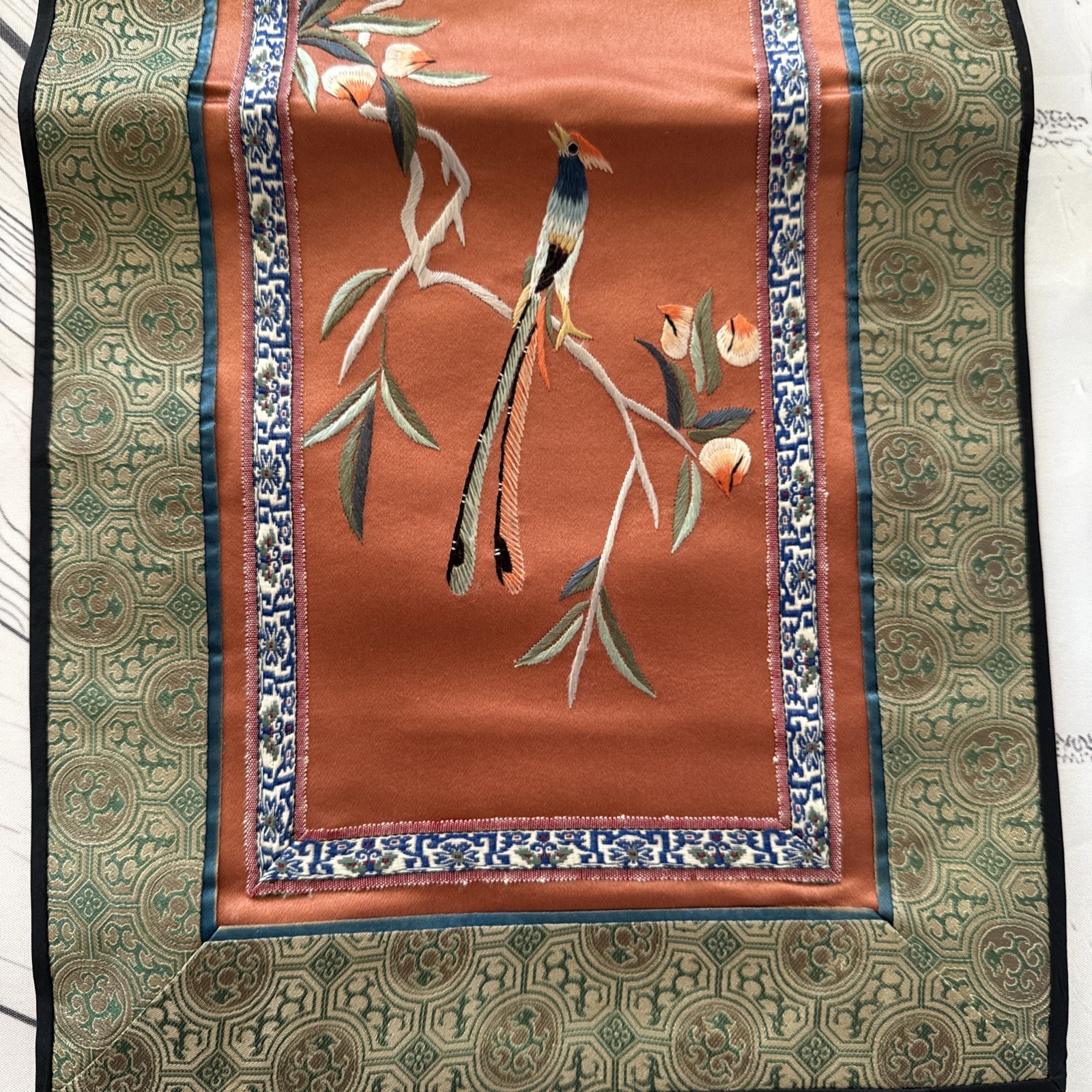 VTG Chinese Embroidered Silk Tapestry Panels Set 3 Birds & Flowers 17”x9.5”& 11″