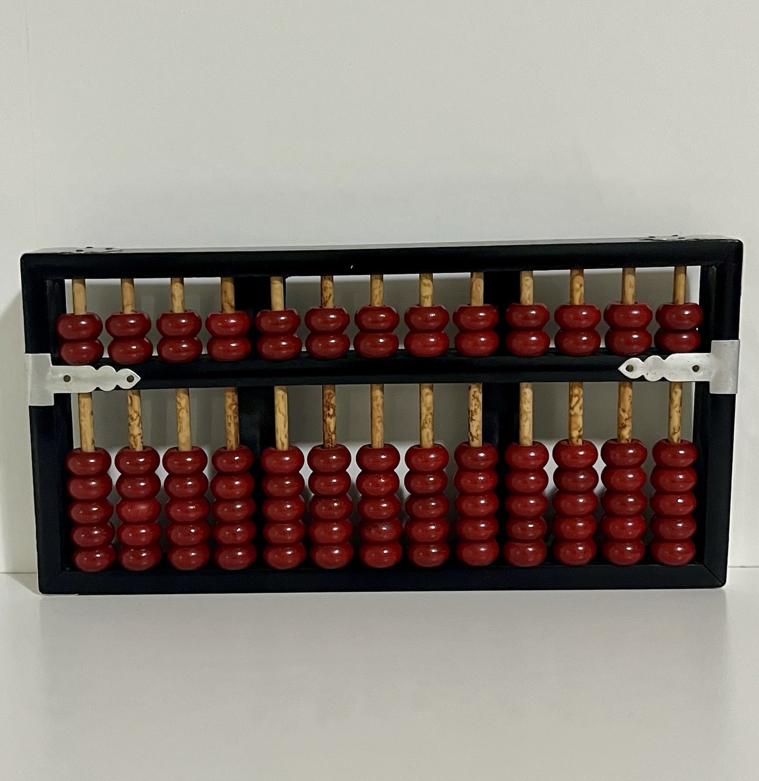 Vintage Abacus Black Lacquer Wood Frame Red Beads 91 Bead Burl Wood Rods!