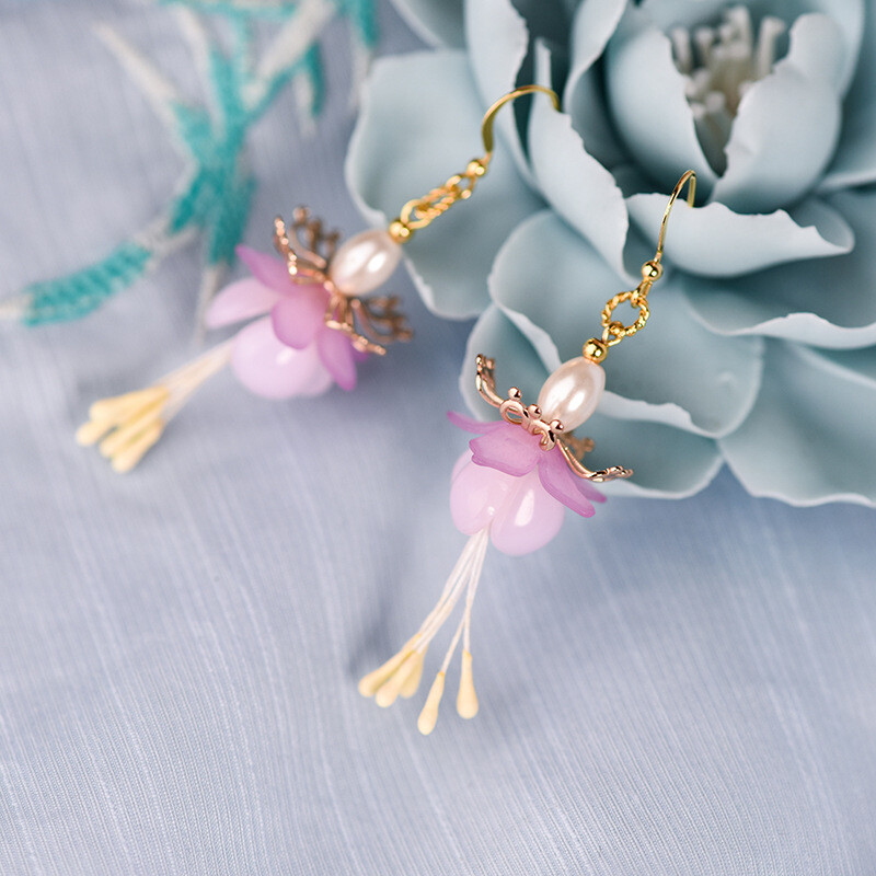Chinese Coloured Glaze/Pearl Flower Gild Tibetan Style Fashion Earbob Earrings