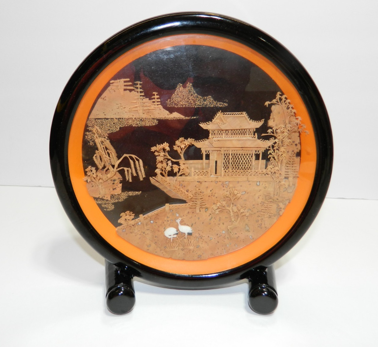 VTG ASIAN CHINESE DIORAMA CORK CARVING GLASS CASE PAGODA TREES & CRANES EUC