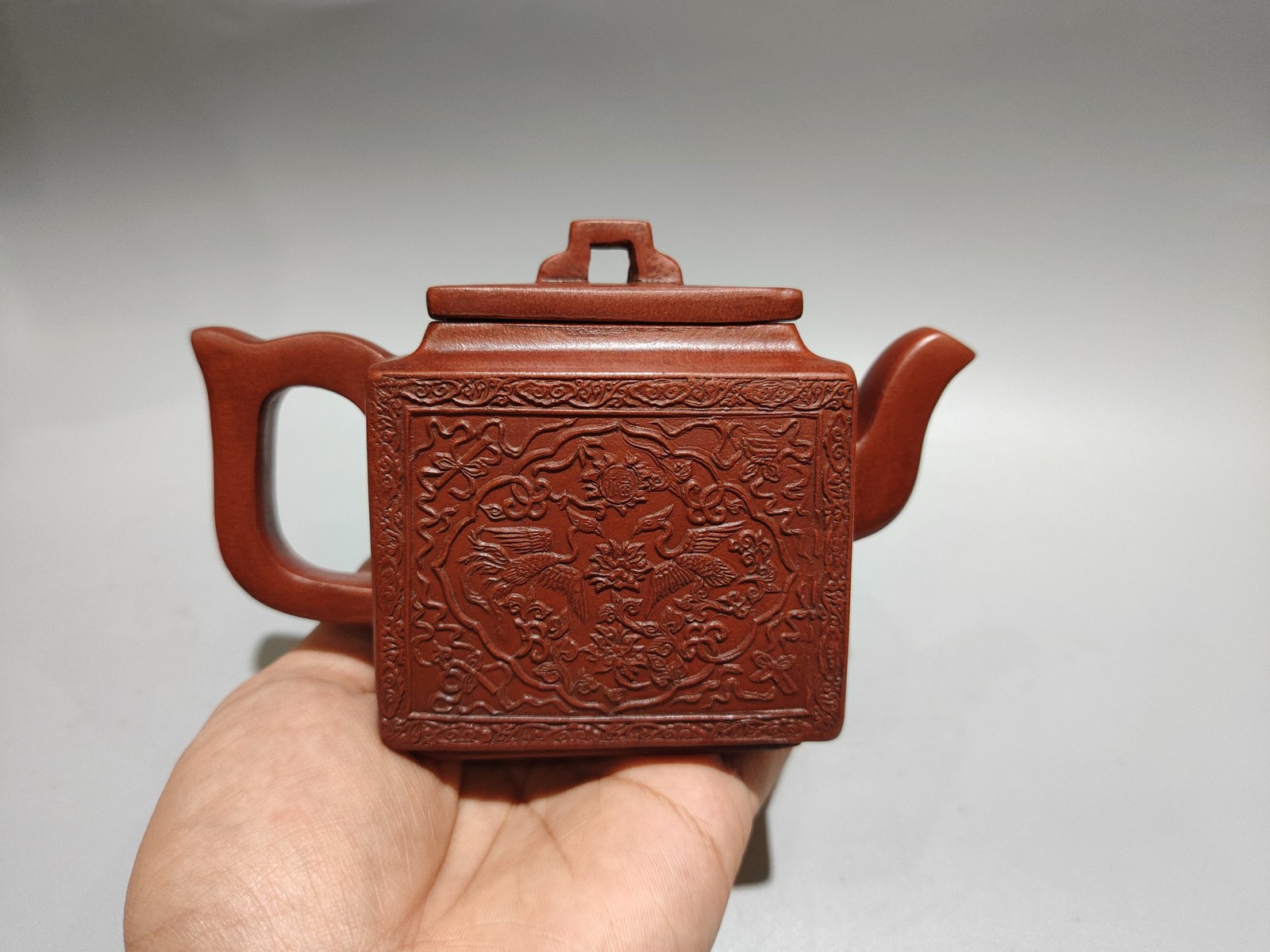 5.9″ Chinese Yixing Zisha Pottery Red Clay Double Crane Longevity Relief Teapot