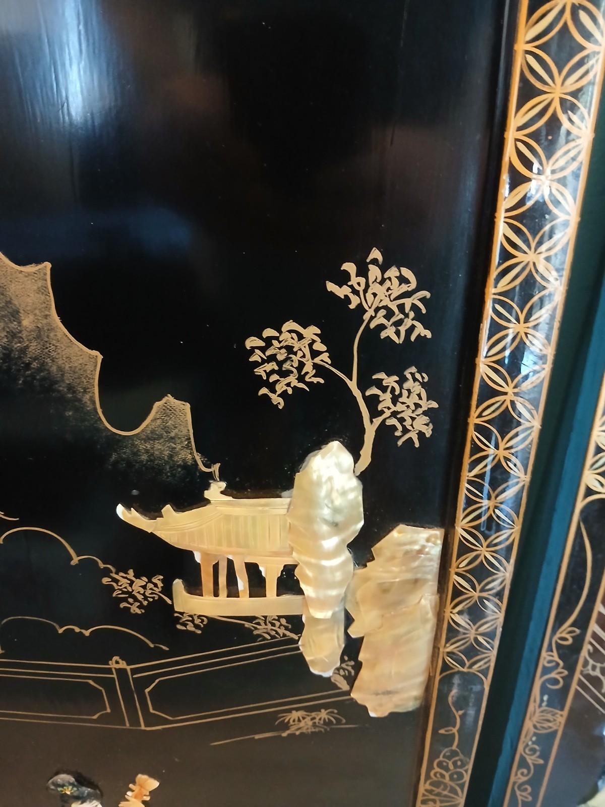 4 Vintage Asian Japanese Mother Pearl Black Lacquer Wall Panels 36″ x 12″