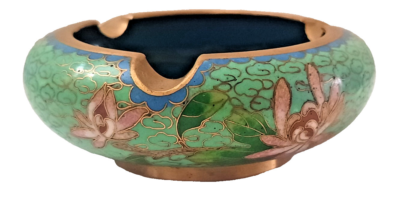 Vtg Chinese Asian Floral Cloisonné Enamel Brass Ashtray Green / Blue 3.25″ Round