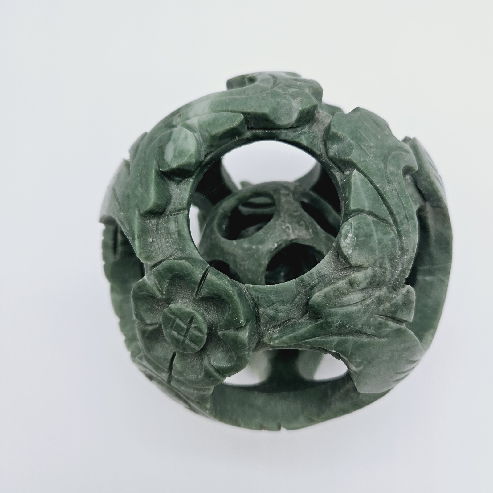 Vtg Chinese 3-Layer Hand Carved Green Stone Serpentine? Ball Sphere 4.5″ Floral