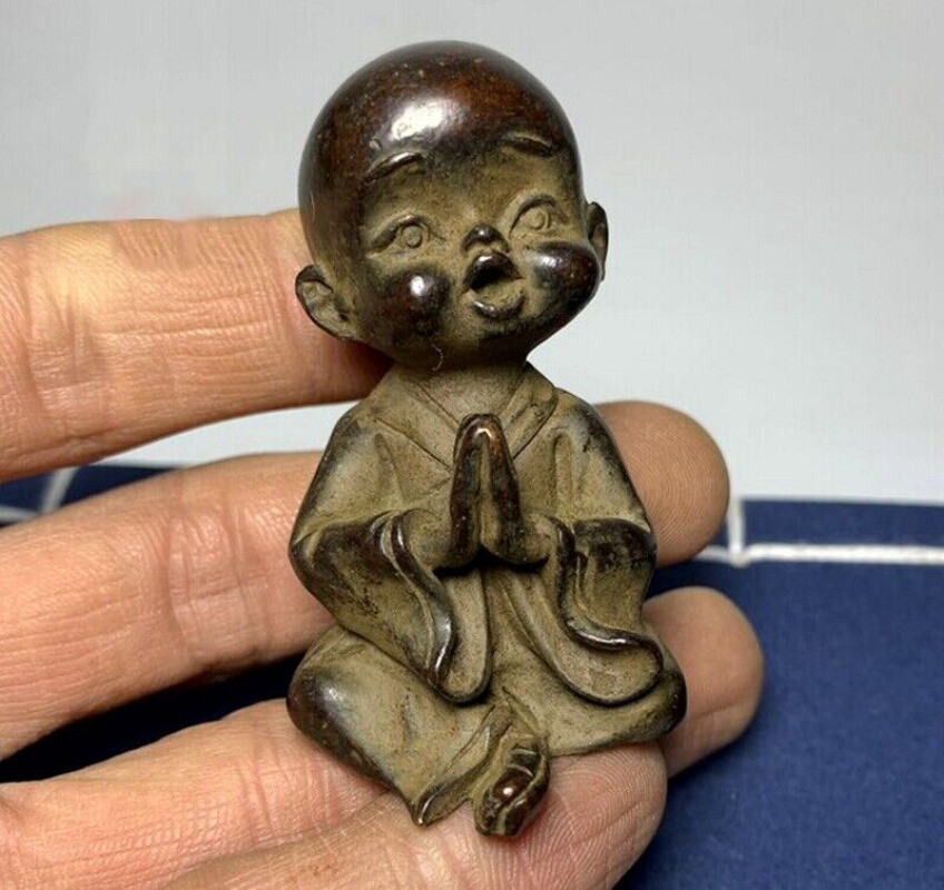 Antique Solid Brass Kid Monk Buddha Statue Zen Table Decor Collection Pendant