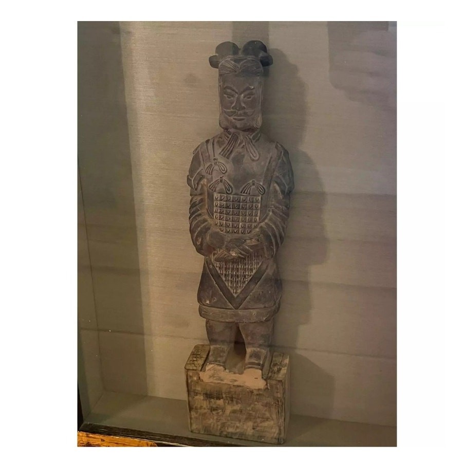 Pair of Vintage Chinese Terracotta Soldier Statues in Framed Shadow Box.