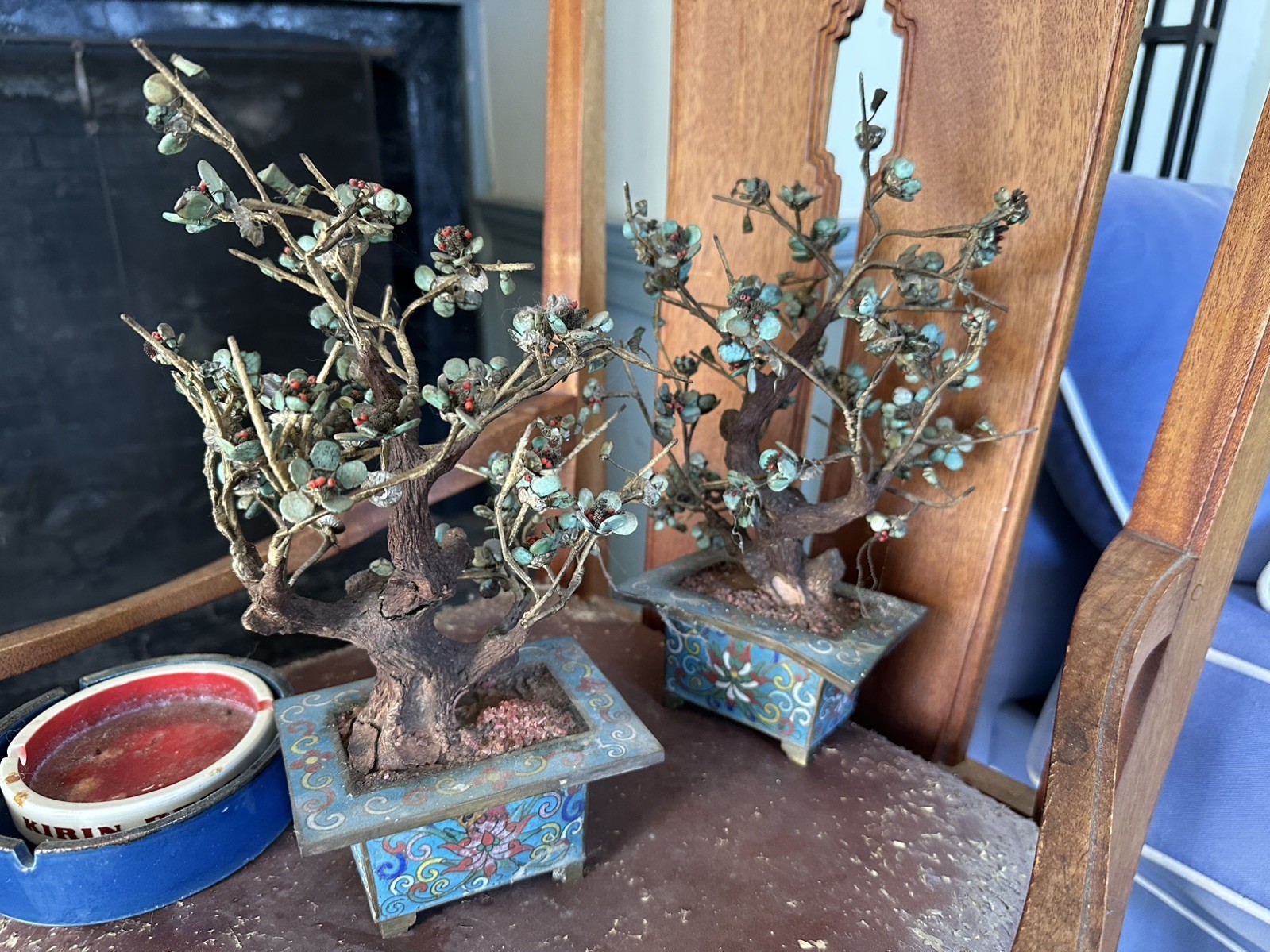 Vintage Pair of Chinese Hardstone Flower Bonsai Trees in Cloisonne Enamel Pots
