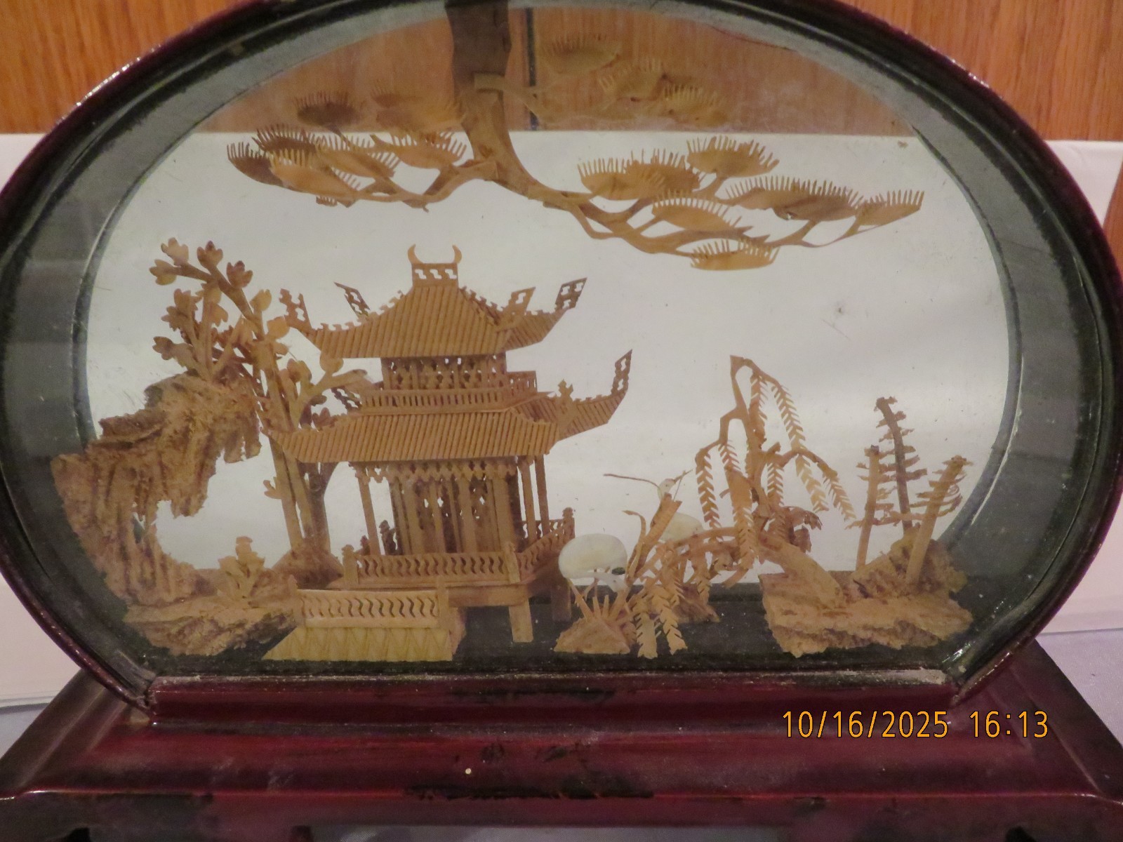 Vintage Chinese Cork Art Hand Carved Diorama Lacquered Pagoda Cranes Trees