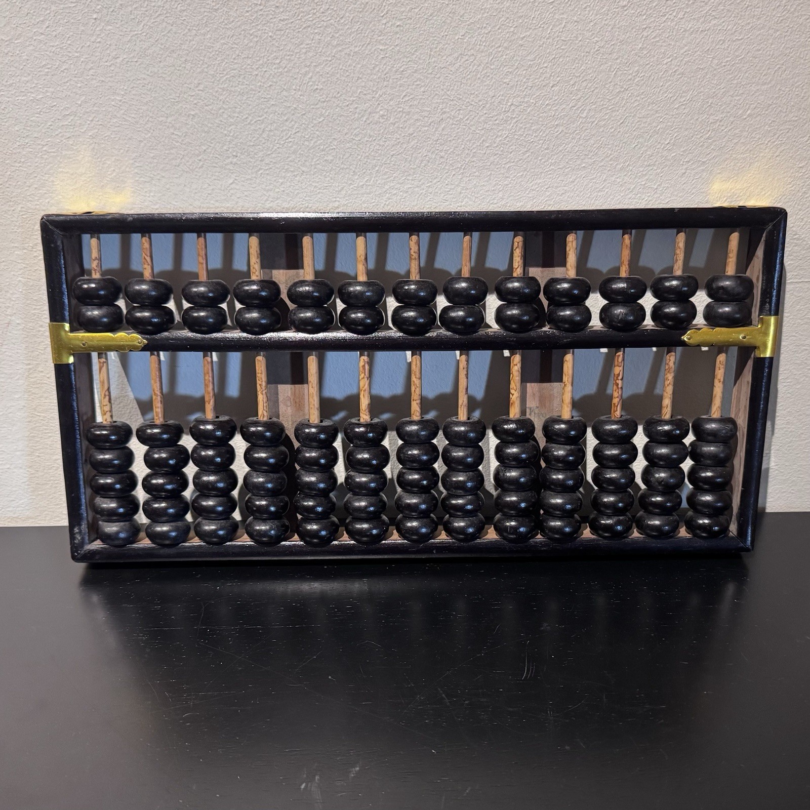 Vintage Abacus Brass & Natural Wood 13 Rows 91 Beads 14.5in Black