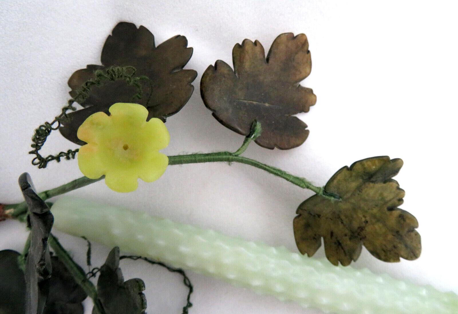 RARE Chinese Green Jade Gemstone Prickly Cucumber & Leaves Sculpture 11″ Long