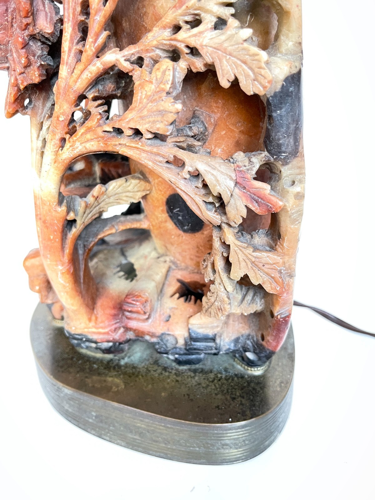 Chinese Soapstone Lamp Carved Bird Paradise Monkey Flowers Antique