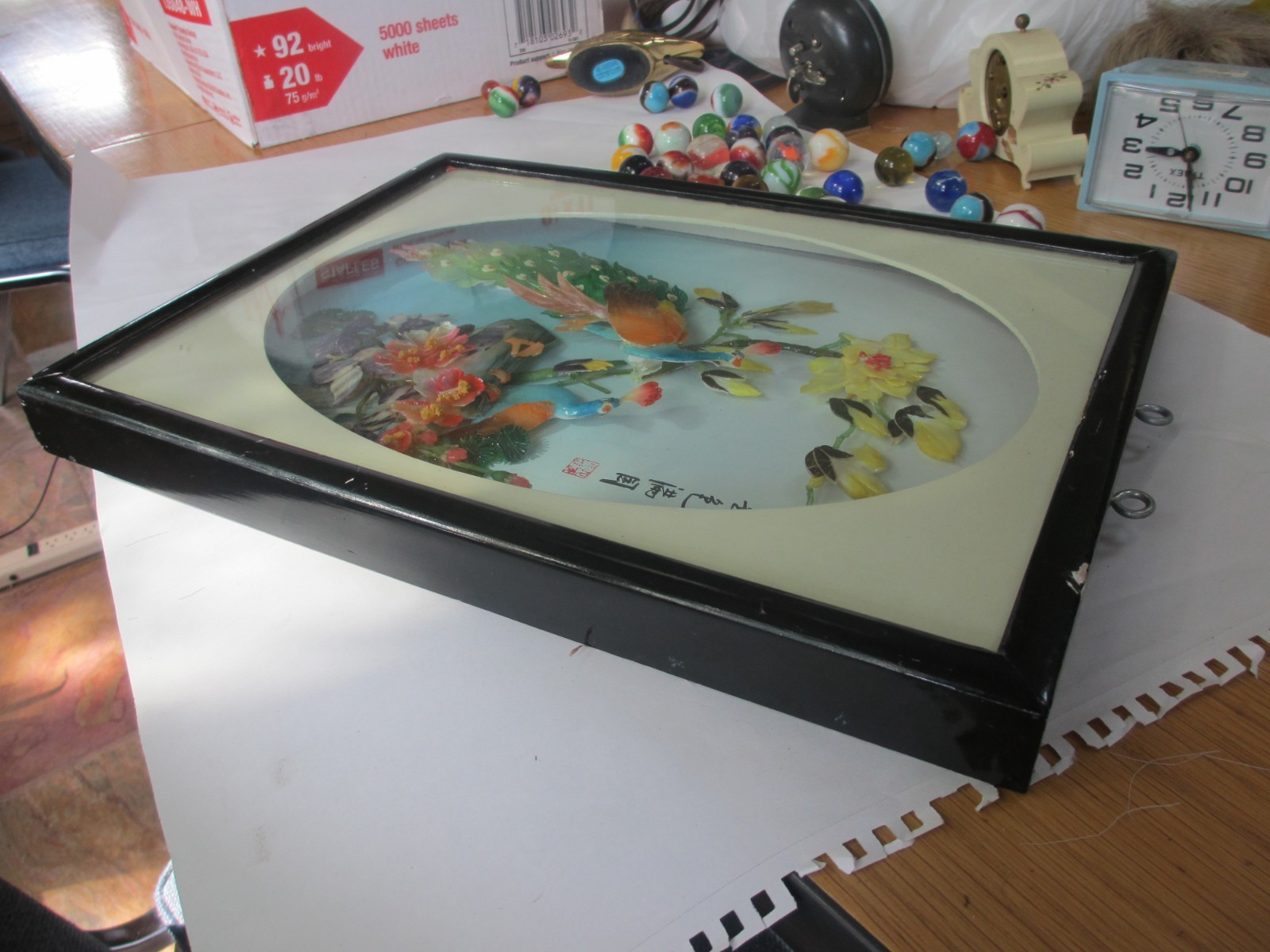 Chinese Carved Shell Art Shadow Box Birds and Flowers 15″ X 11″
