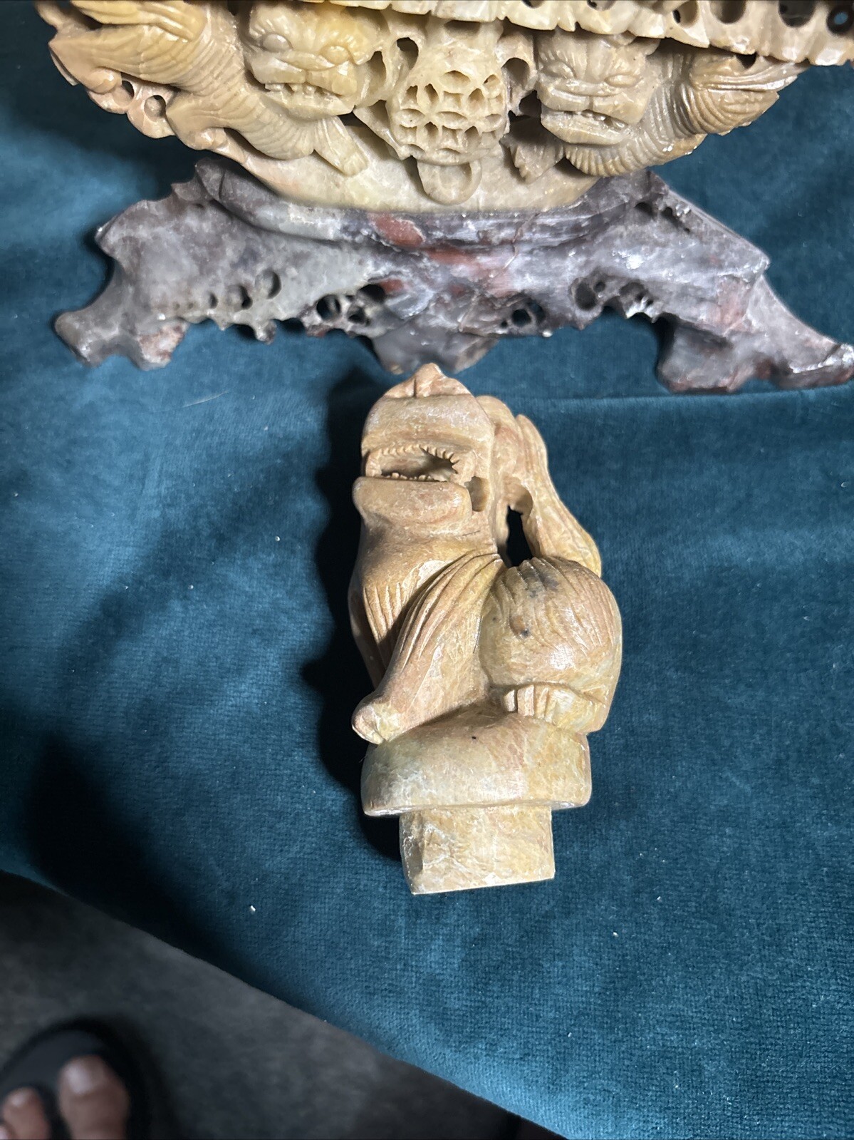 Antique Chinese Hand Carved Soapstone Incense Burner Foo Dogs/Lions Vintage (bf)